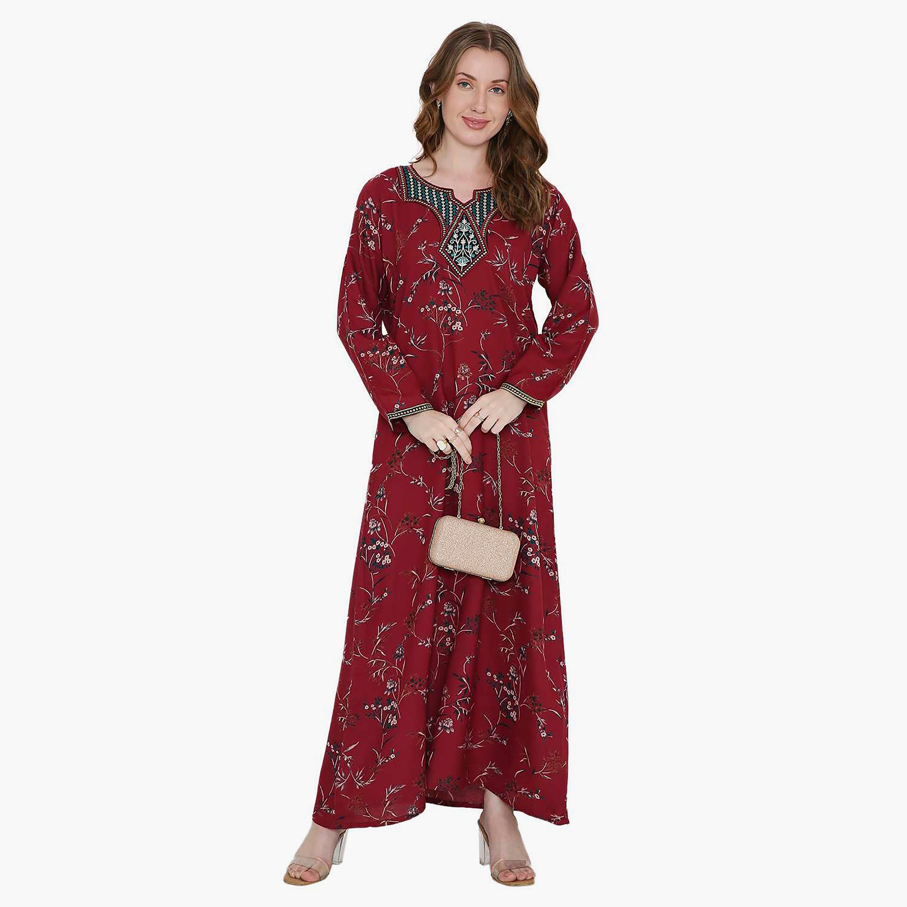 جلابية نسائية بطبعة زهور حمراء وتصميم نير مطرز على الرقبة من هانا اند سارة-women-arabicclothing-jalabiyas-image-1