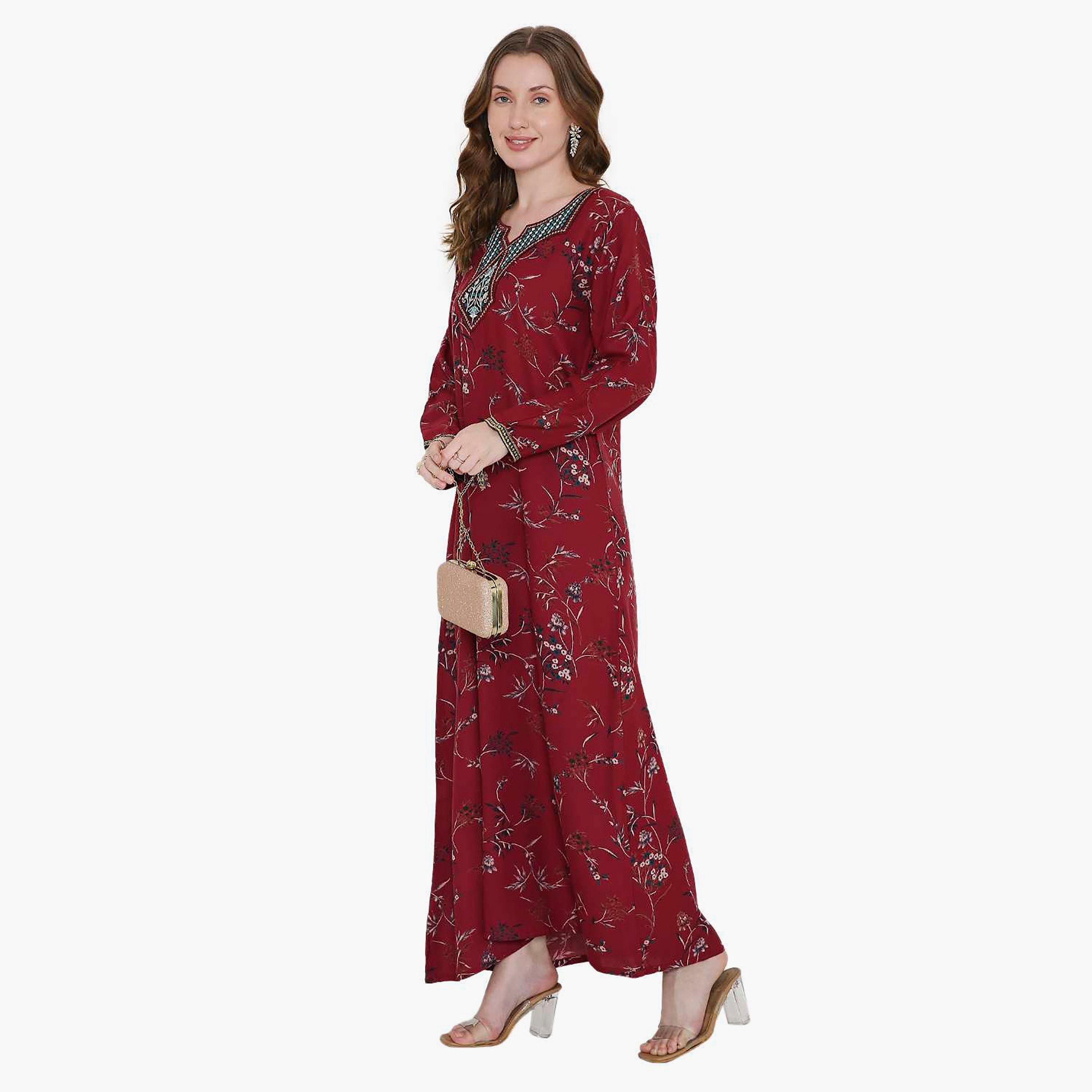 جلابية نسائية بطبعة زهور حمراء وتصميم نير مطرز على الرقبة من هانا اند سارة-women-arabicclothing-jalabiyas-image-3