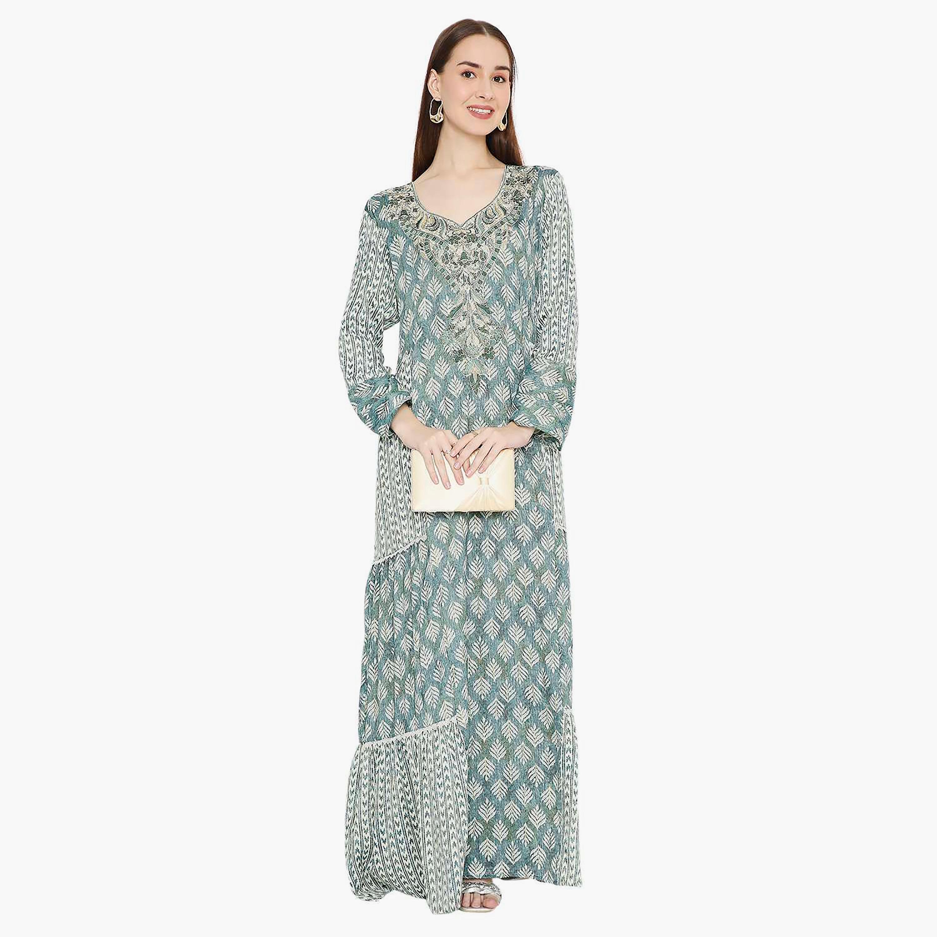 Hana & Sara Printed and Embellished & Embroidered Work Yoke Design Neck Women's Jalabiya-women-arabicclothing-jalabiyas-image-1