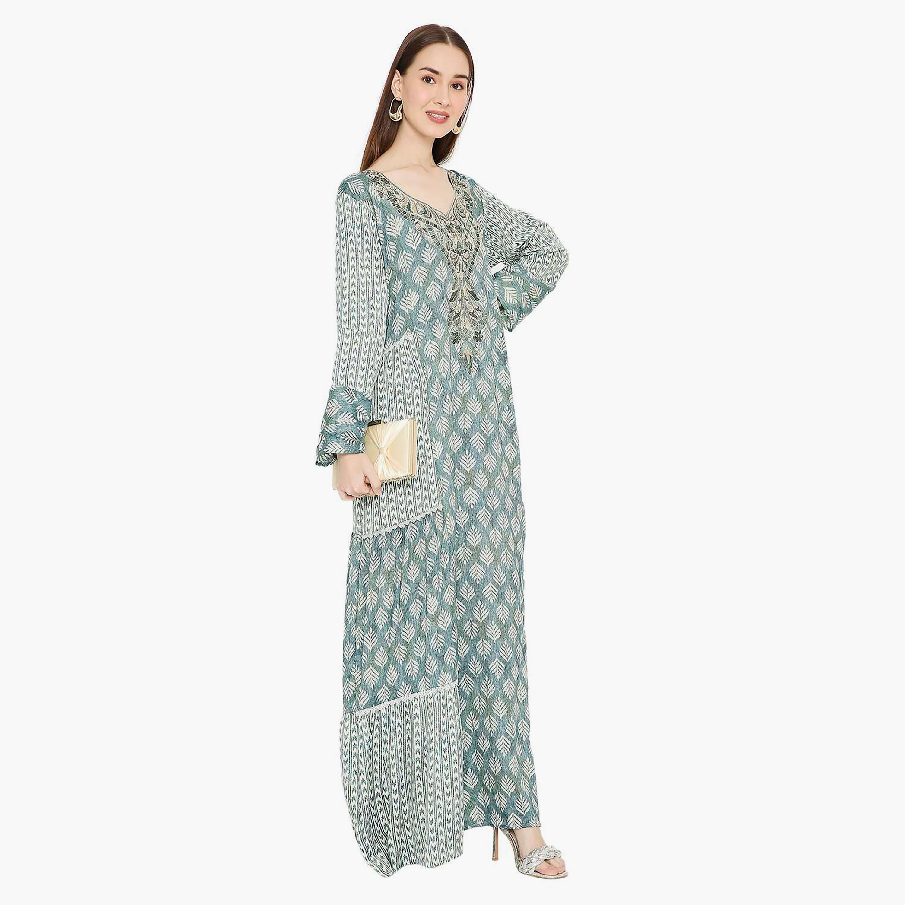 Hana & Sara Printed and Embellished & Embroidered Work Yoke Design Neck Women's Jalabiya-women-arabicclothing-jalabiyas-image-4
