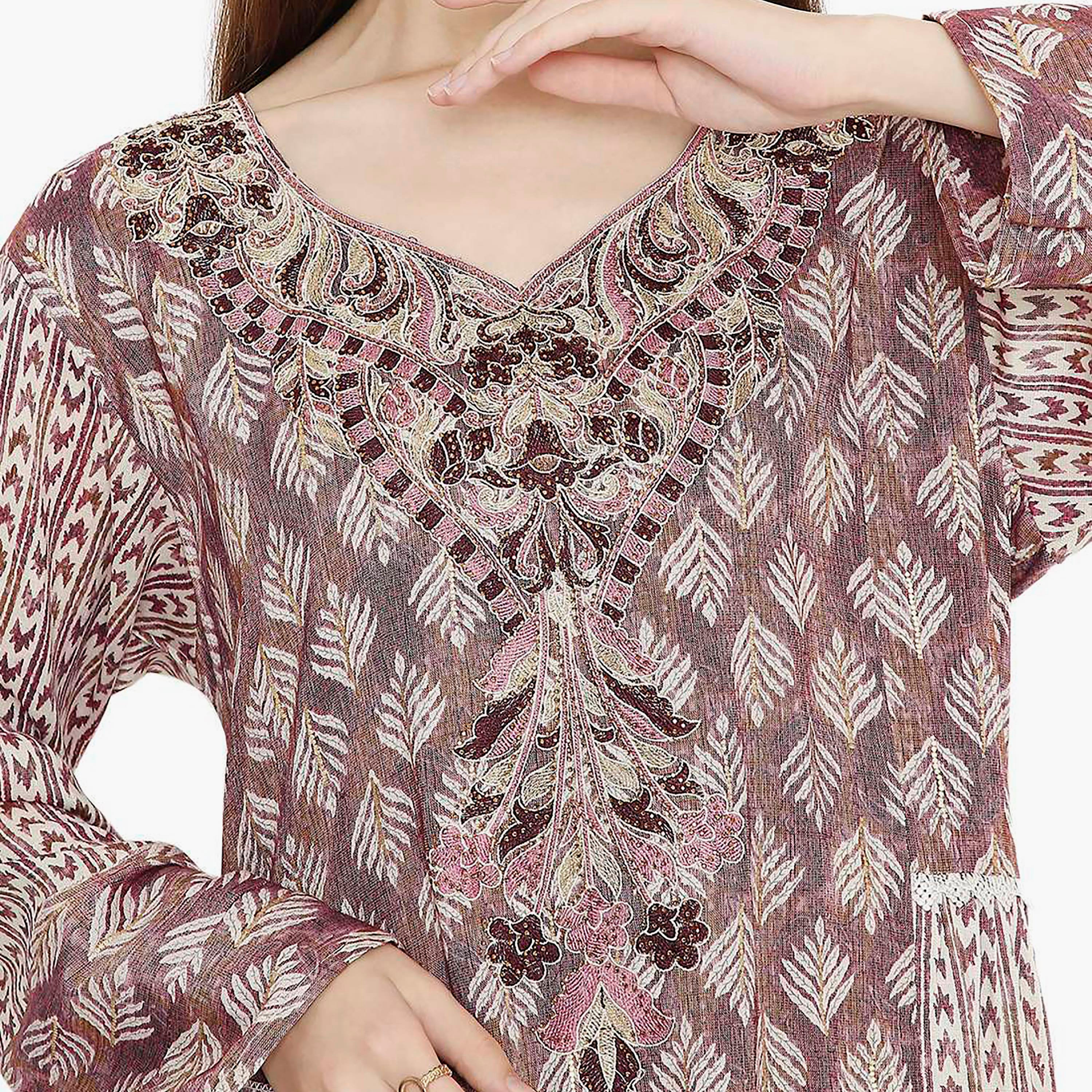 جلابية نسائية بتصميم نير مطبوع ومطرز من هانا اند سارة-women-arabicclothing-jalabiyas-image-17