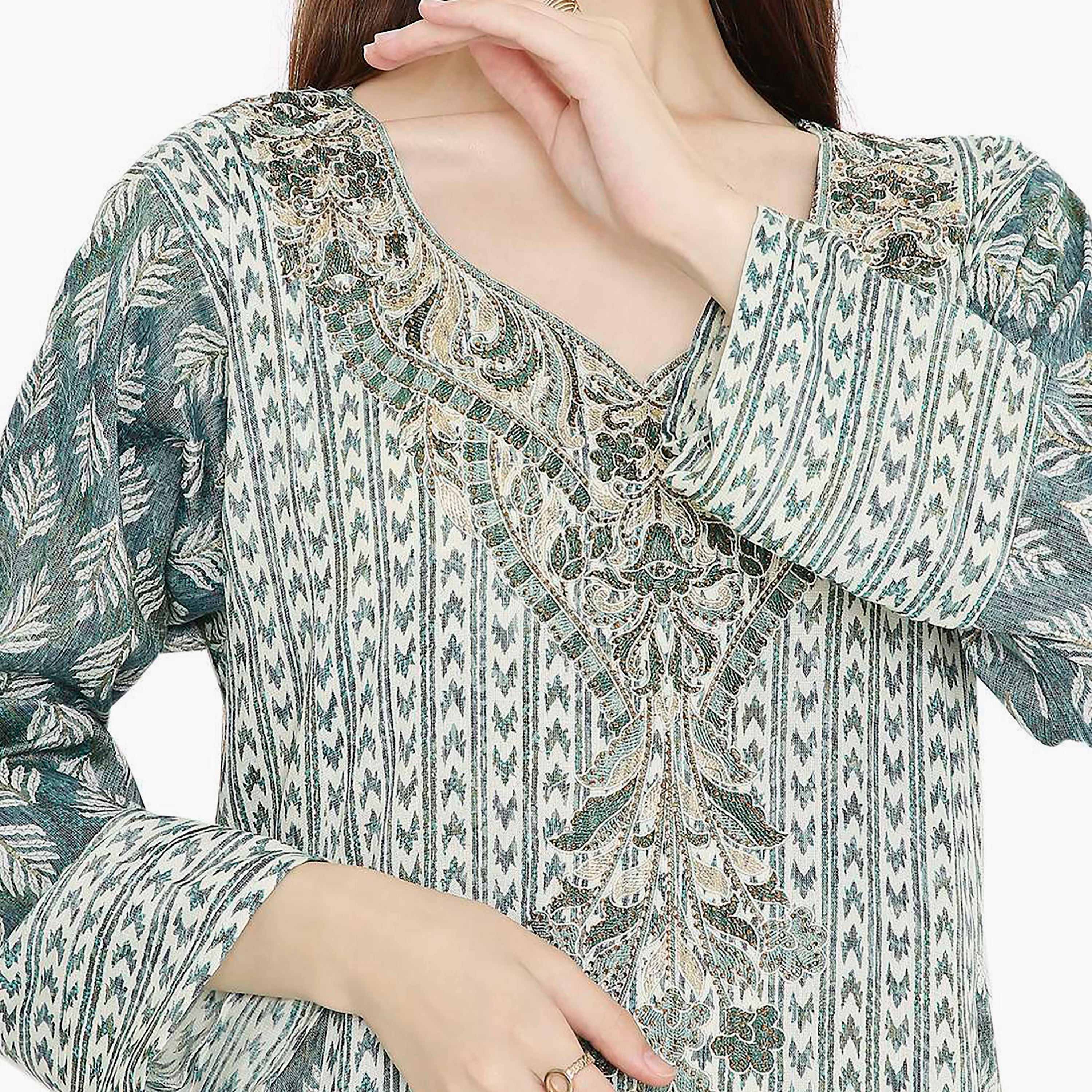 جلابية نسائية بتصميم نير مطبوع ومطرز من هانا اند سارة-women-arabicclothing-jalabiyas-image-2