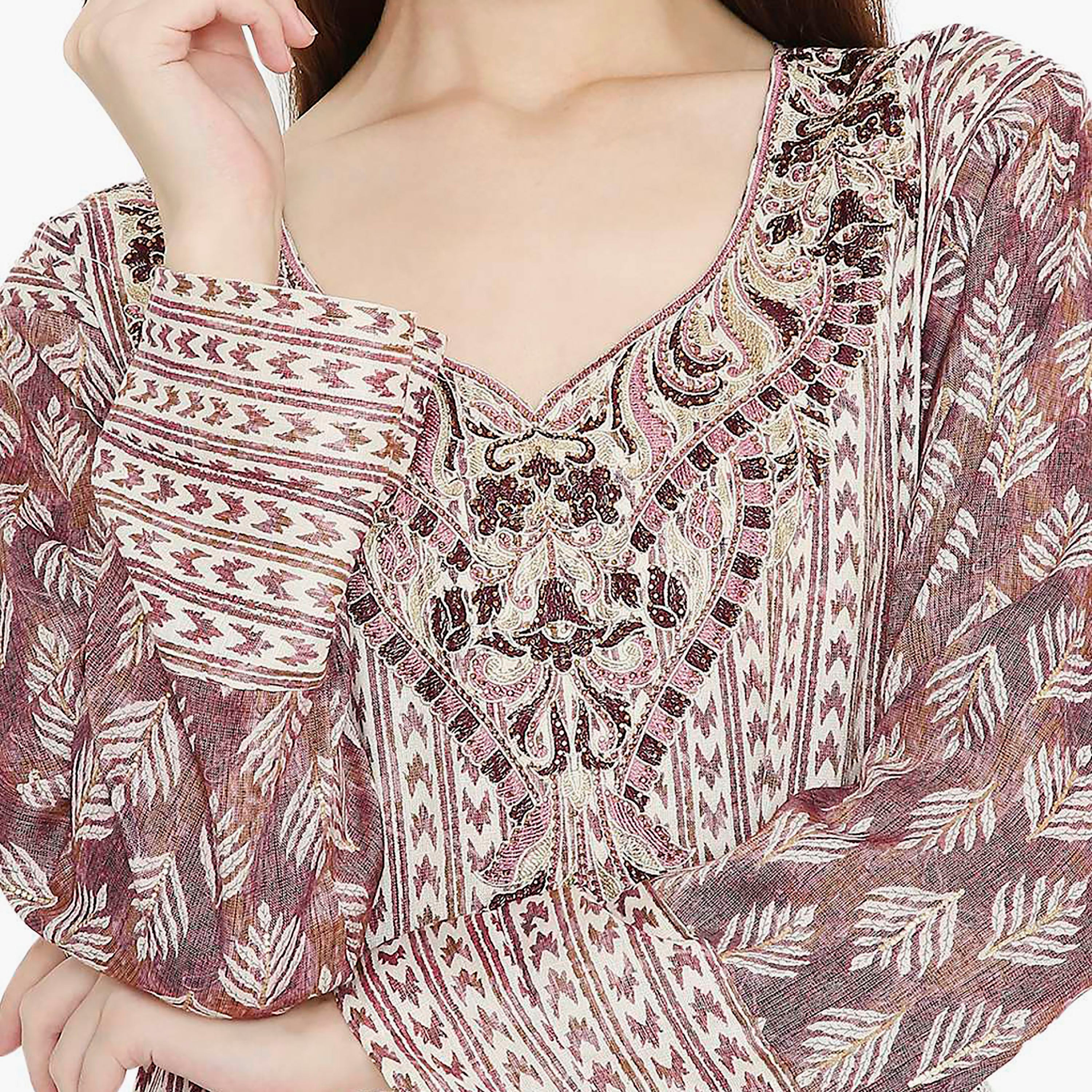 جلابية نسائية بتصميم نير مطبوع ومطرز من هانا اند سارة-women-arabicclothing-jalabiyas-image-12