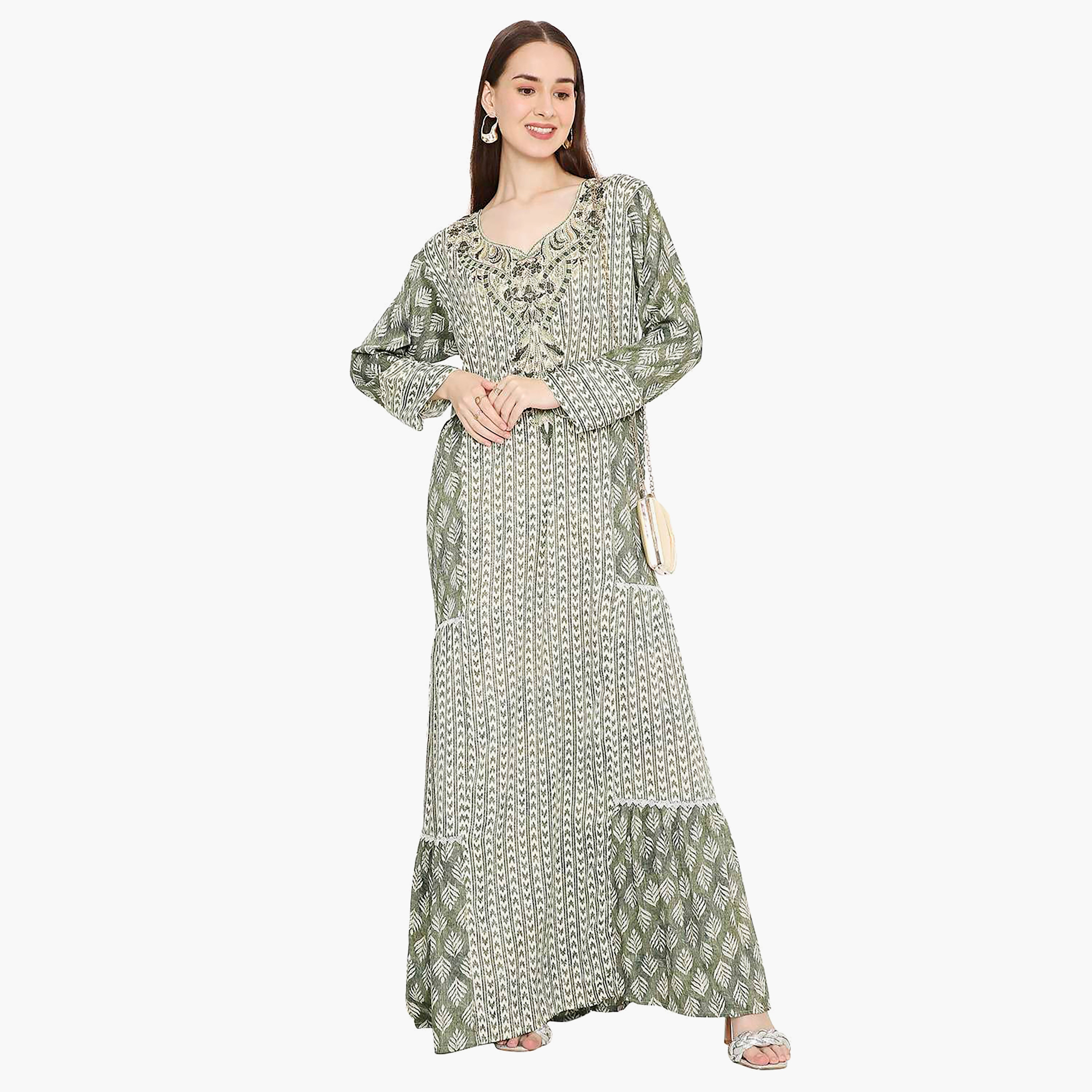 Hana & Sara Leaf Print and Embellished Yoke Detail Neck Women's Jalabiya-women-arabicclothing-jalabiyas-image-6