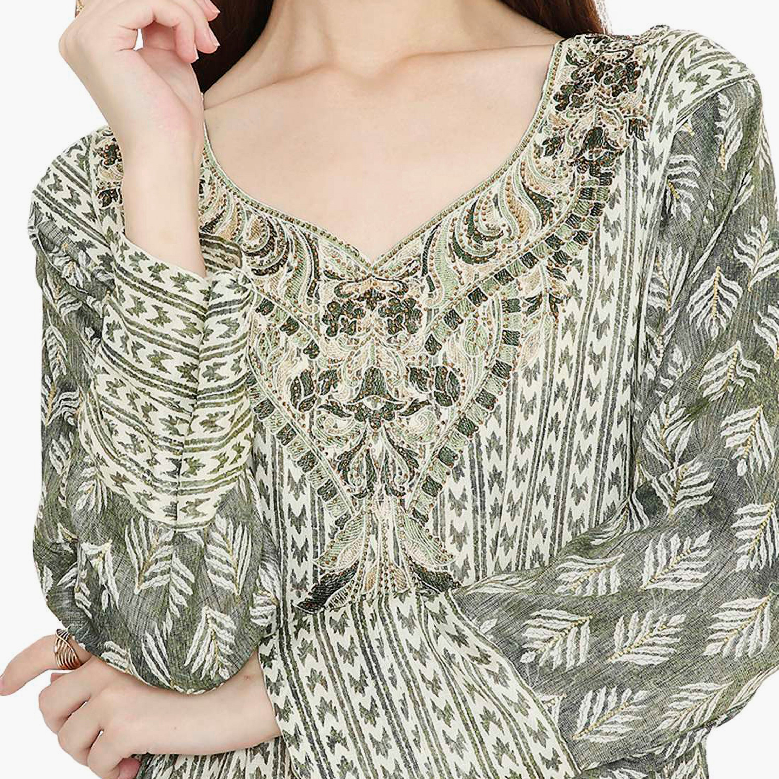 Hana & Sara Leaf Print and Embellished Yoke Detail Neck Women's Jalabiya-women-arabicclothing-jalabiyas-image-7