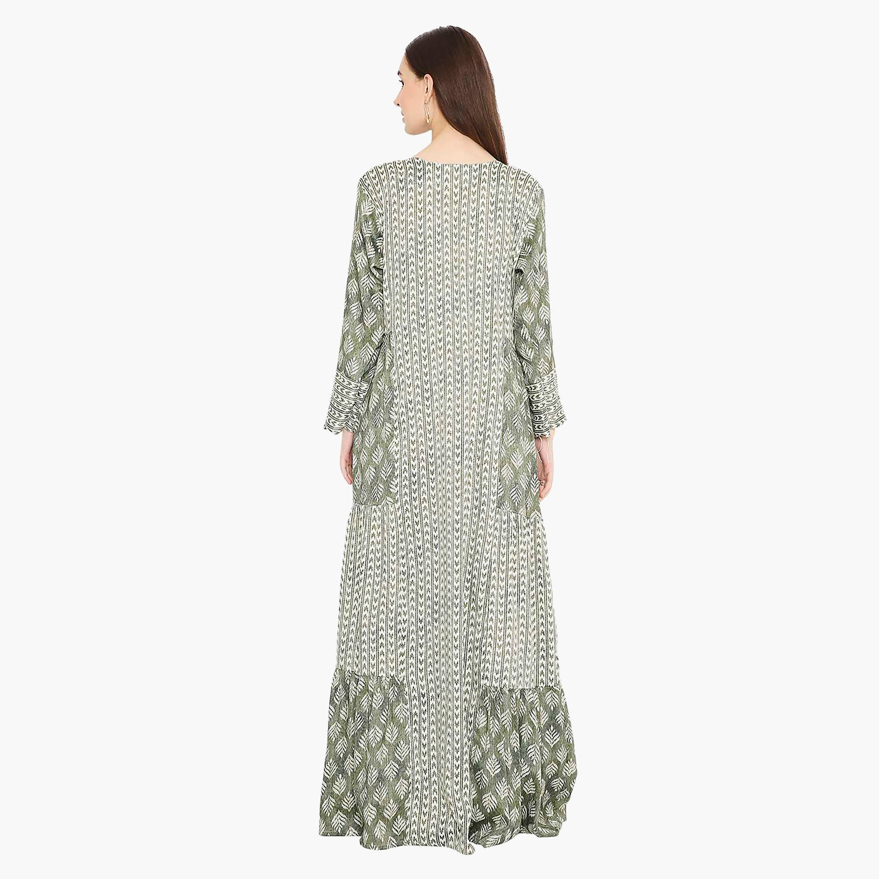 Hana & Sara Leaf Print and Embellished Yoke Detail Neck Women's Jalabiya-women-arabicclothing-jalabiyas-image-9