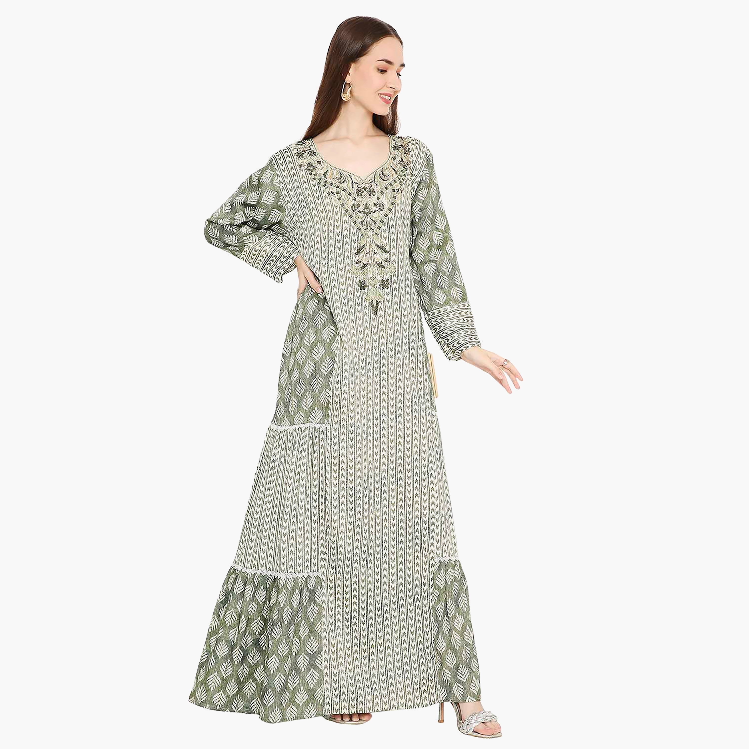 Hana & Sara Leaf Print and Embellished Yoke Detail Neck Women's Jalabiya-women-arabicclothing-jalabiyas-image-10