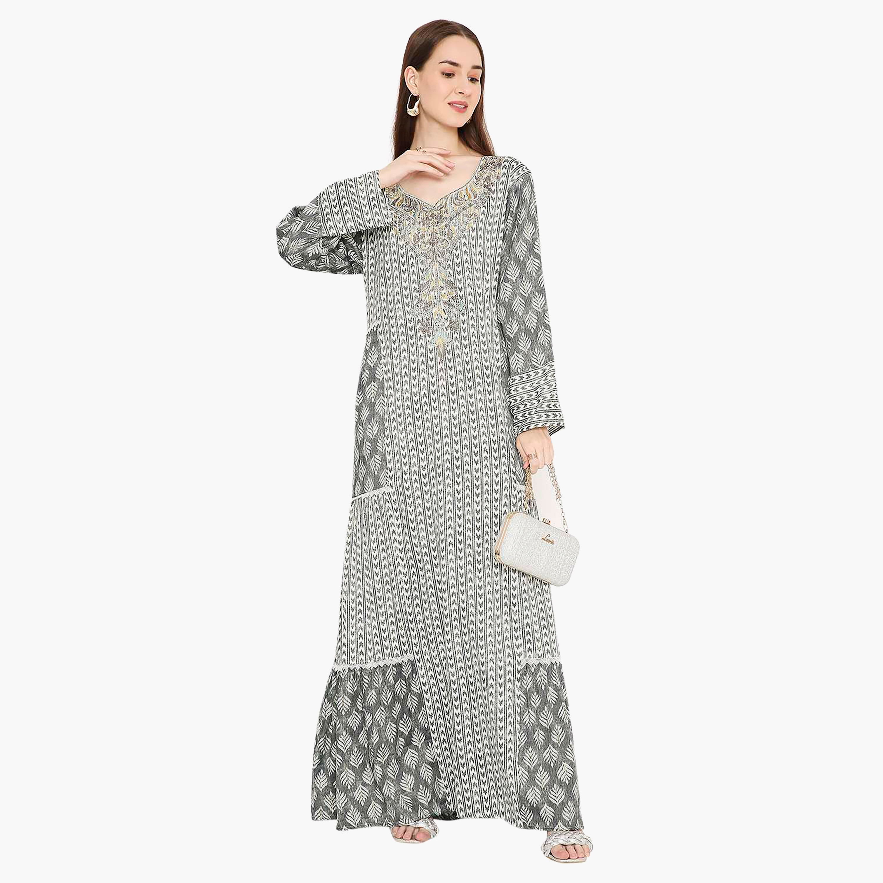 Hana & Sara Leaf Print and Embellished Yoke Detail Neck Women's Jalabiya-women-arabicclothing-jalabiyas-image-16