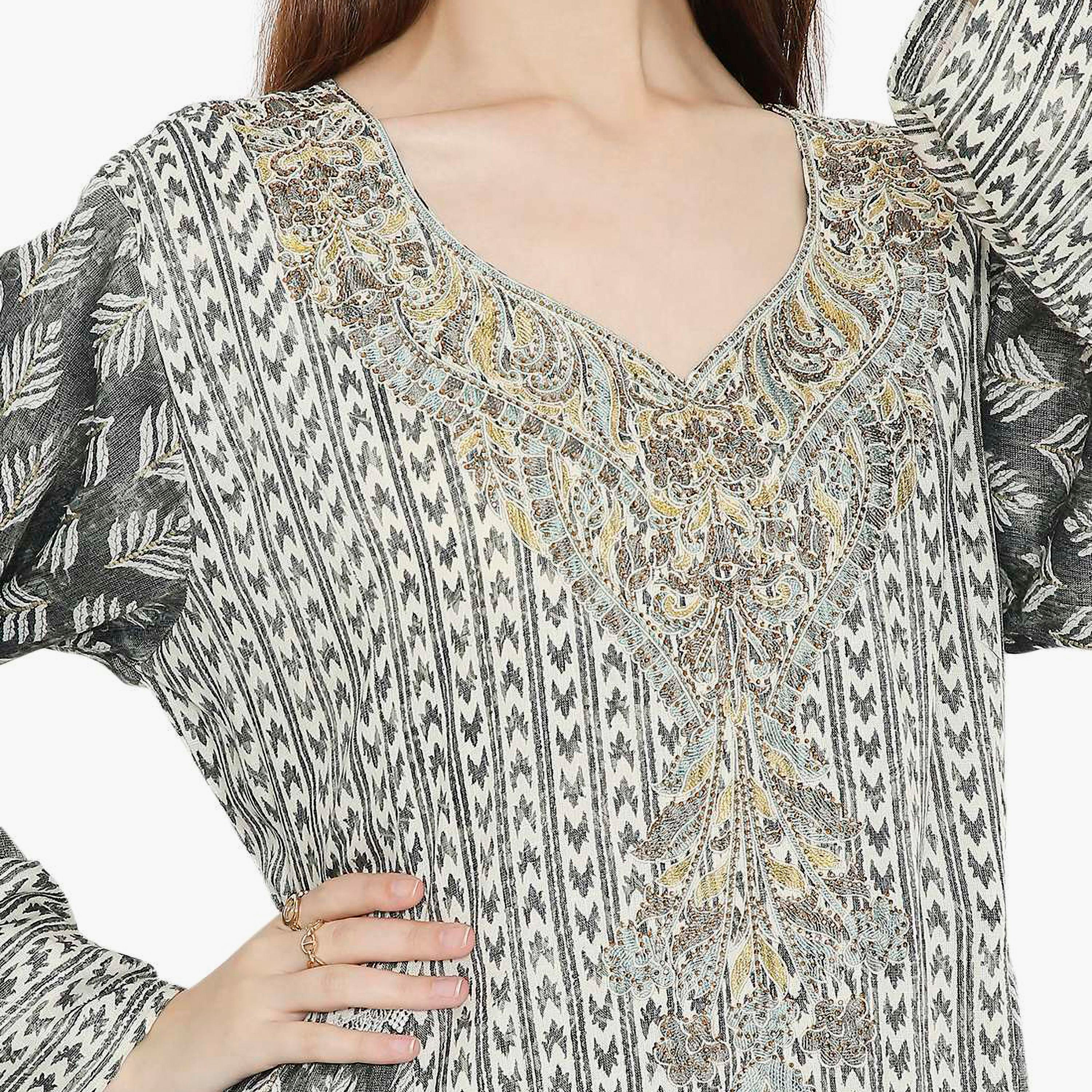 Hana & Sara Leaf Print and Embellished Yoke Detail Neck Women's Jalabiya-women-arabicclothing-jalabiyas-image-17