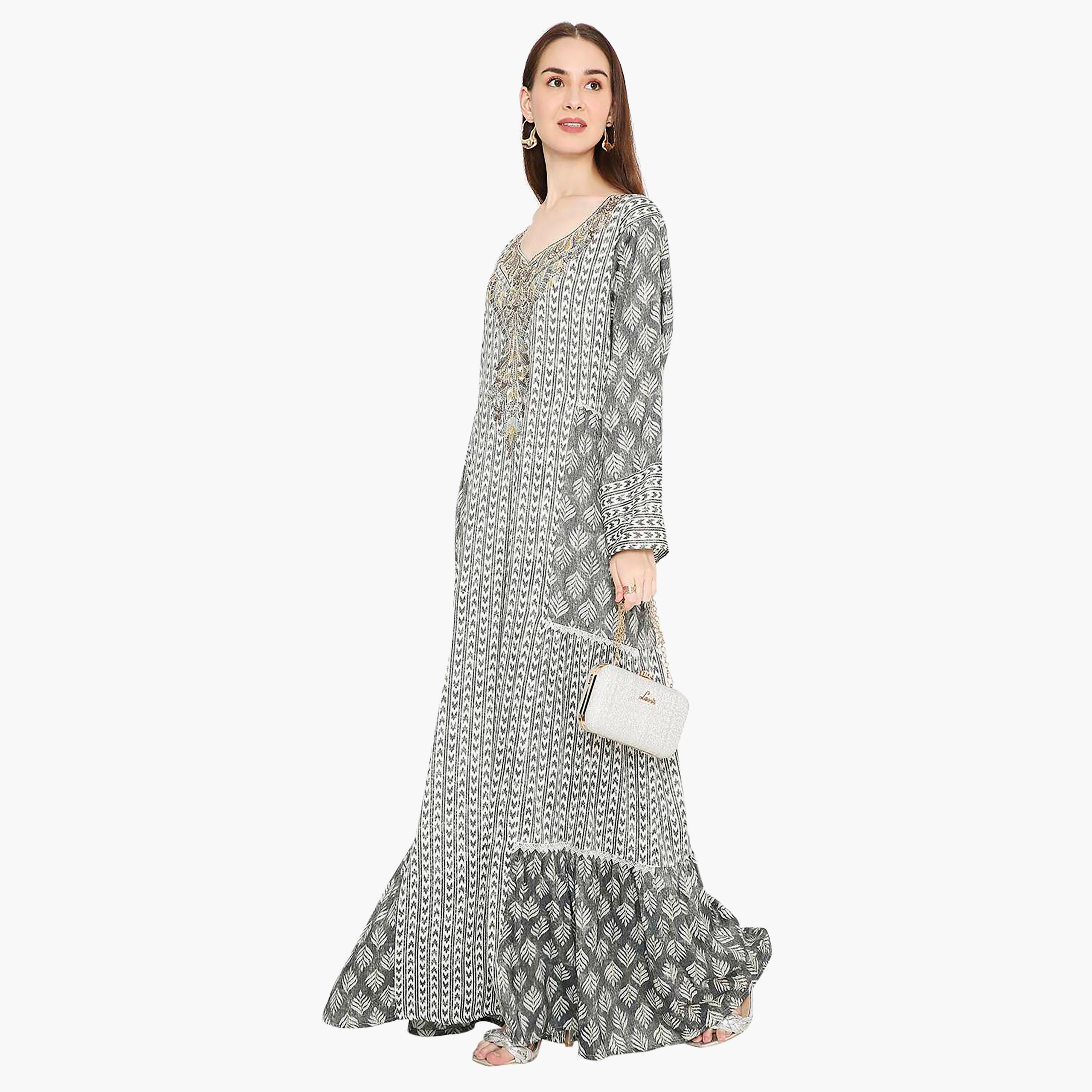 Hana & Sara Leaf Print and Embellished Yoke Detail Neck Women's Jalabiya-women-arabicclothing-jalabiyas-image-18