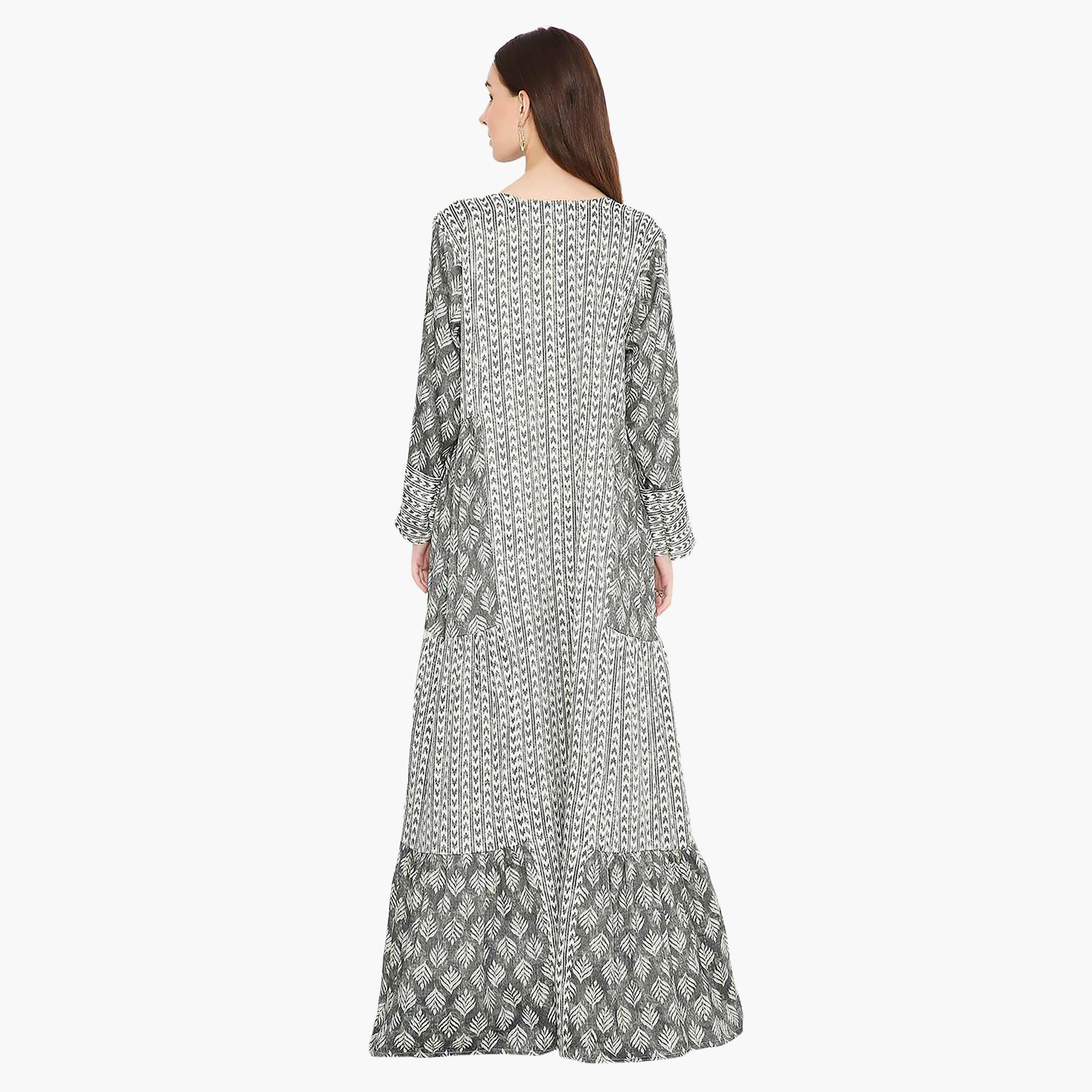 Hana & Sara Leaf Print and Embellished Yoke Detail Neck Women's Jalabiya-women-arabicclothing-jalabiyas-image-19