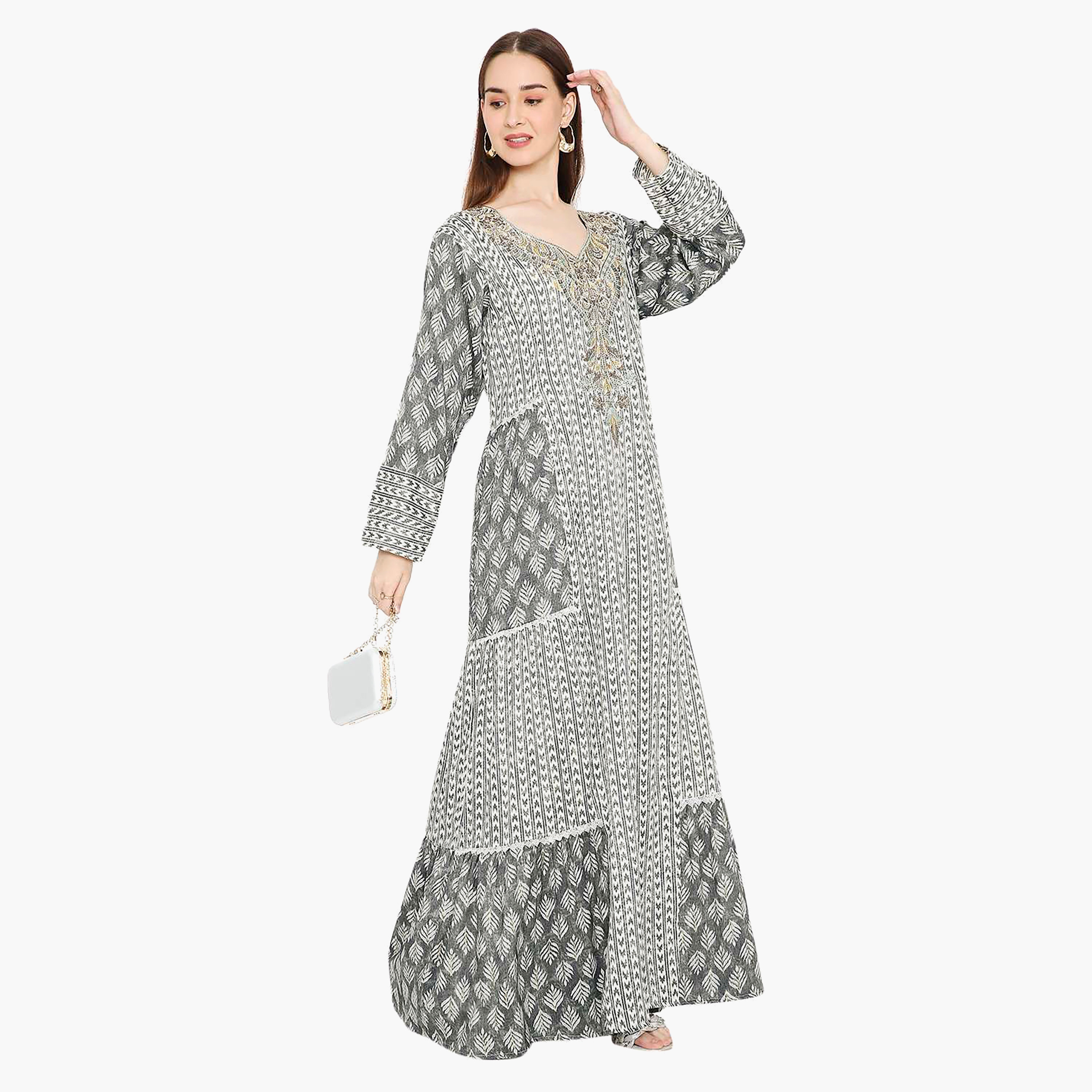 Hana & Sara Leaf Print and Embellished Yoke Detail Neck Women's Jalabiya-women-arabicclothing-jalabiyas-image-20
