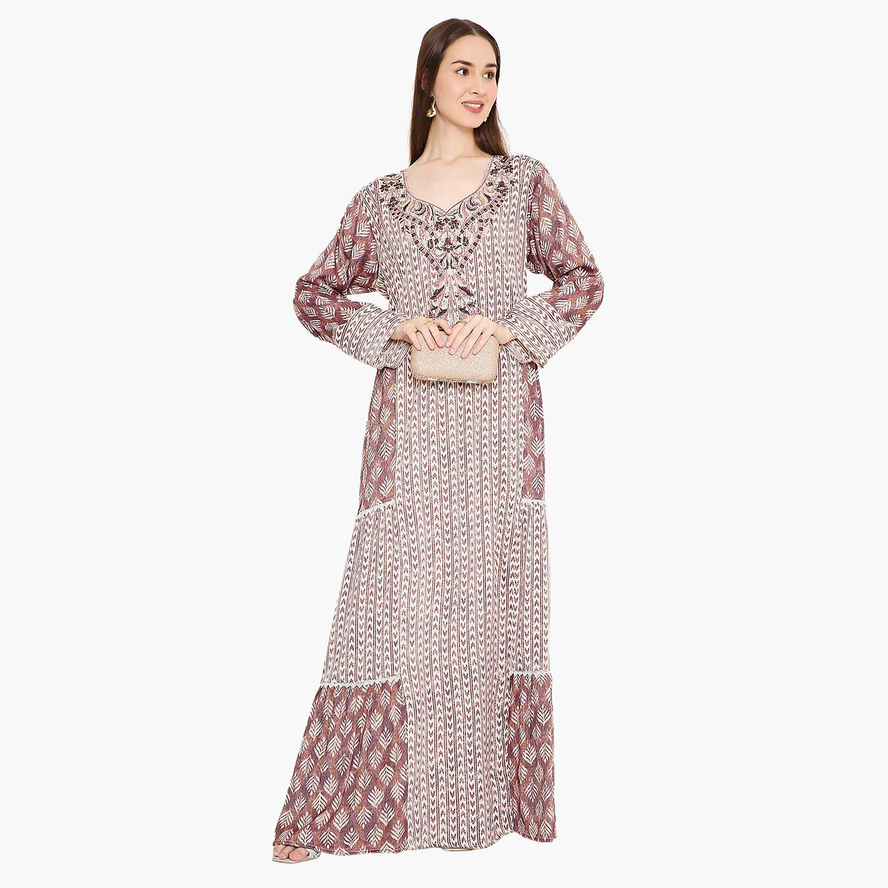Hana & Sara Leaf Print and Embellished Yoke Detail Neck Women's Jalabiya-women-arabicclothing-jalabiyas-image-11