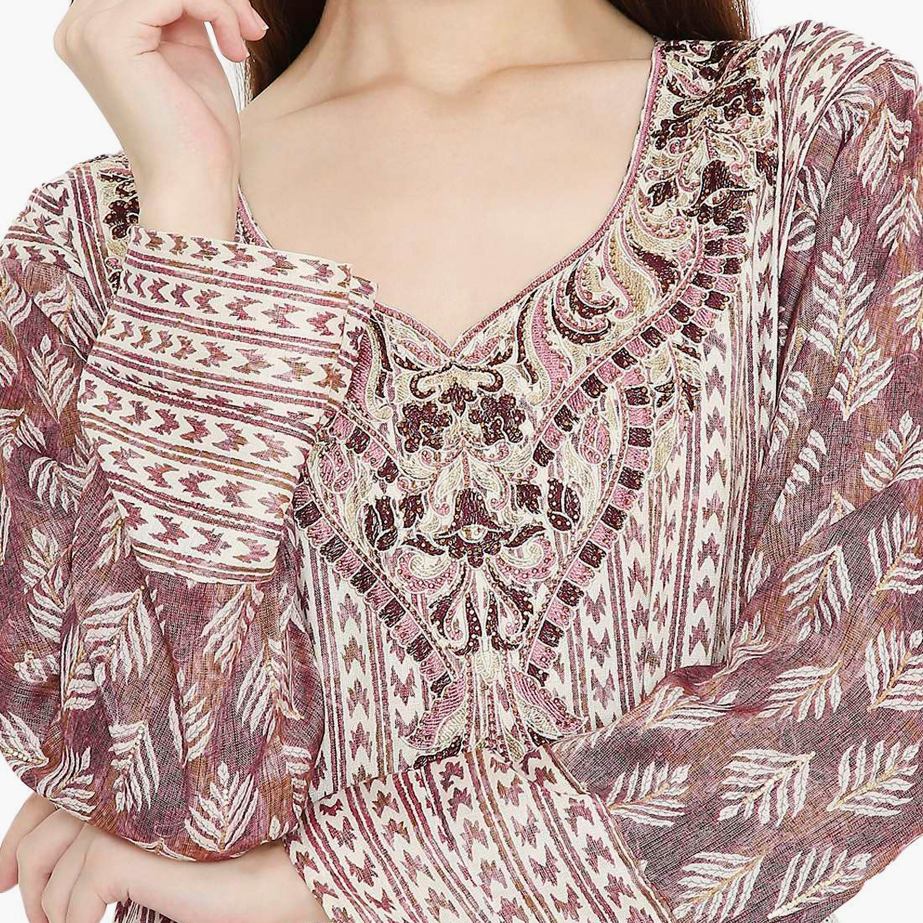 Hana & Sara Leaf Print and Embellished Yoke Detail Neck Women's Jalabiya-women-arabicclothing-jalabiyas-image-12