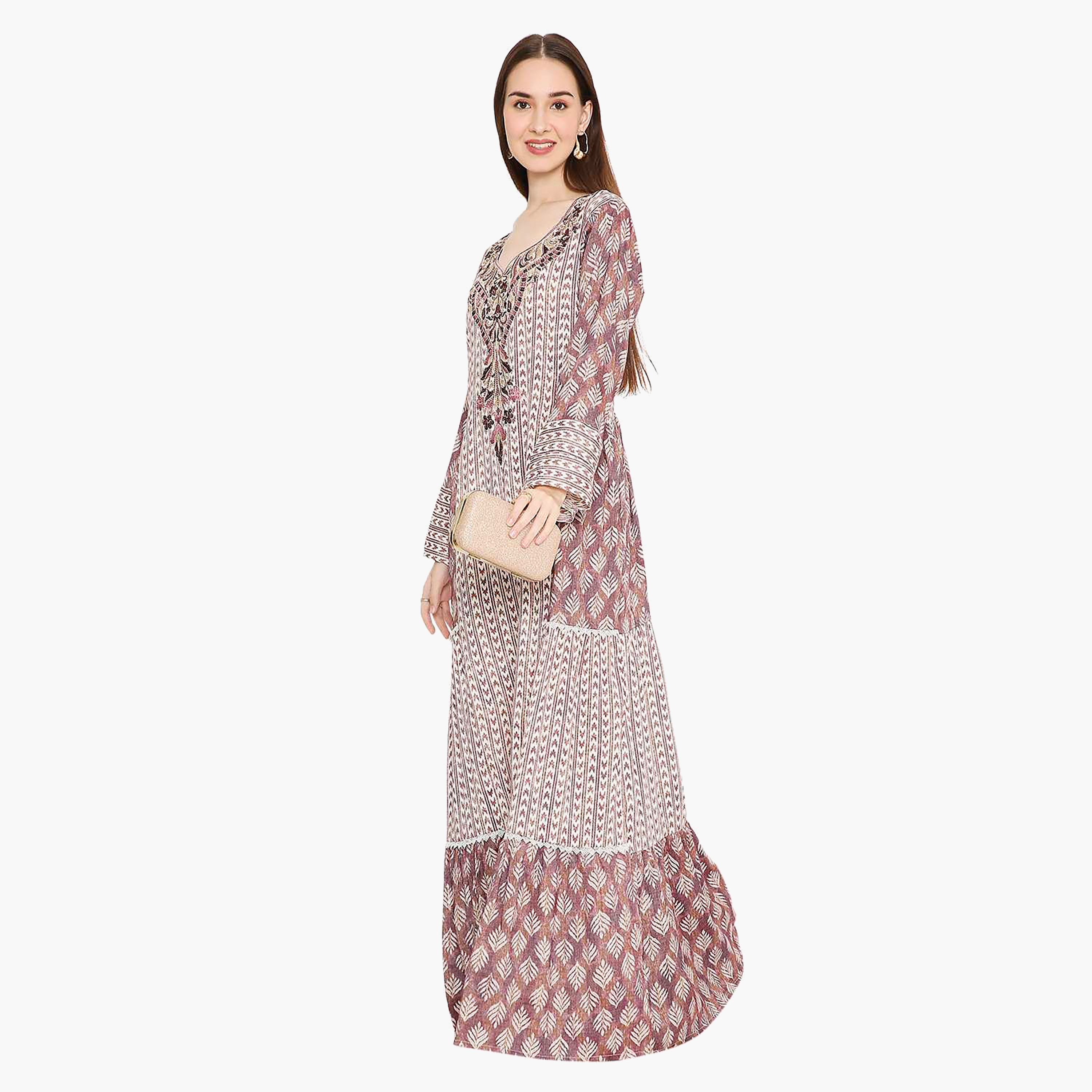 Hana & Sara Leaf Print and Embellished Yoke Detail Neck Women's Jalabiya-women-arabicclothing-jalabiyas-image-13