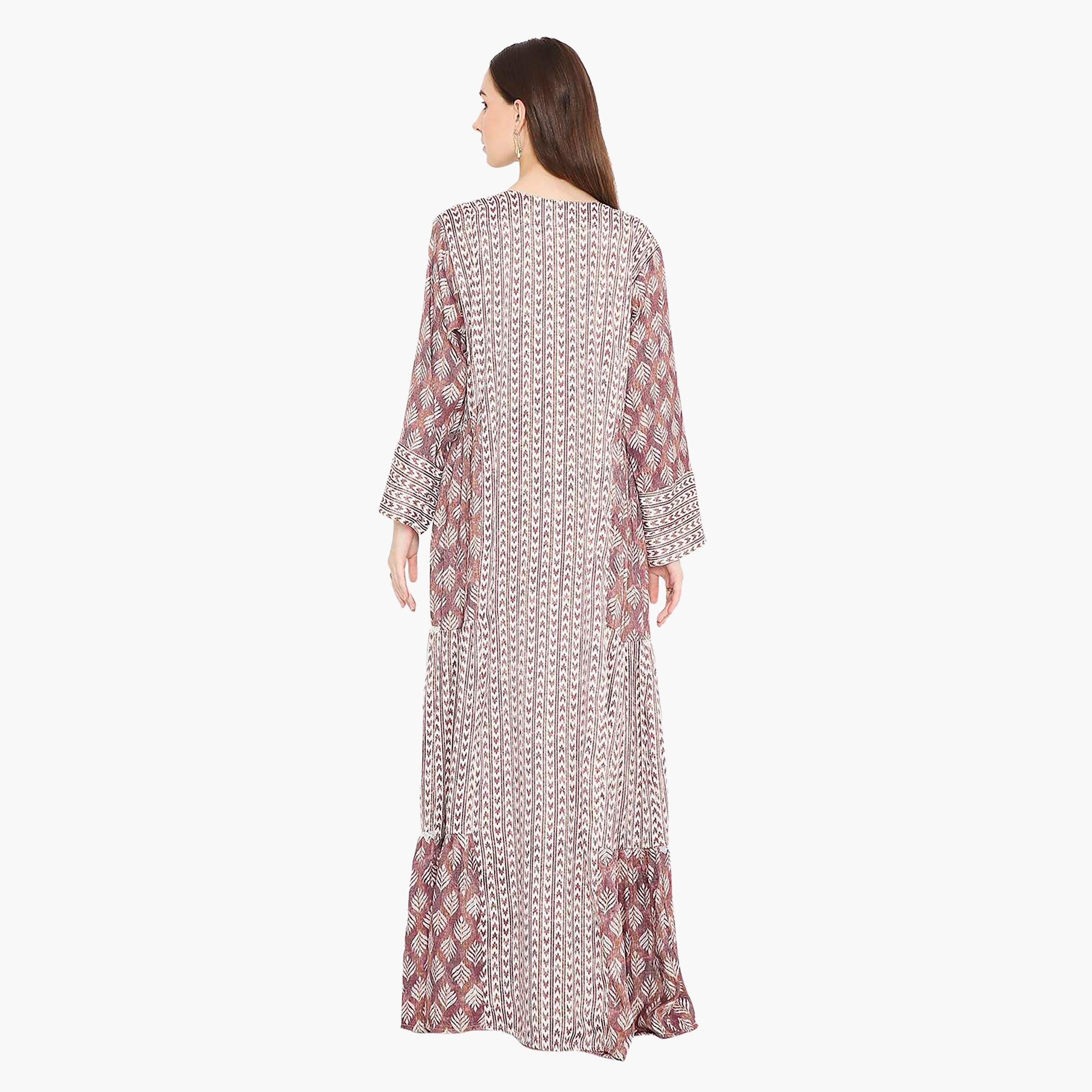 Hana & Sara Leaf Print and Embellished Yoke Detail Neck Women's Jalabiya-women-arabicclothing-jalabiyas-image-14