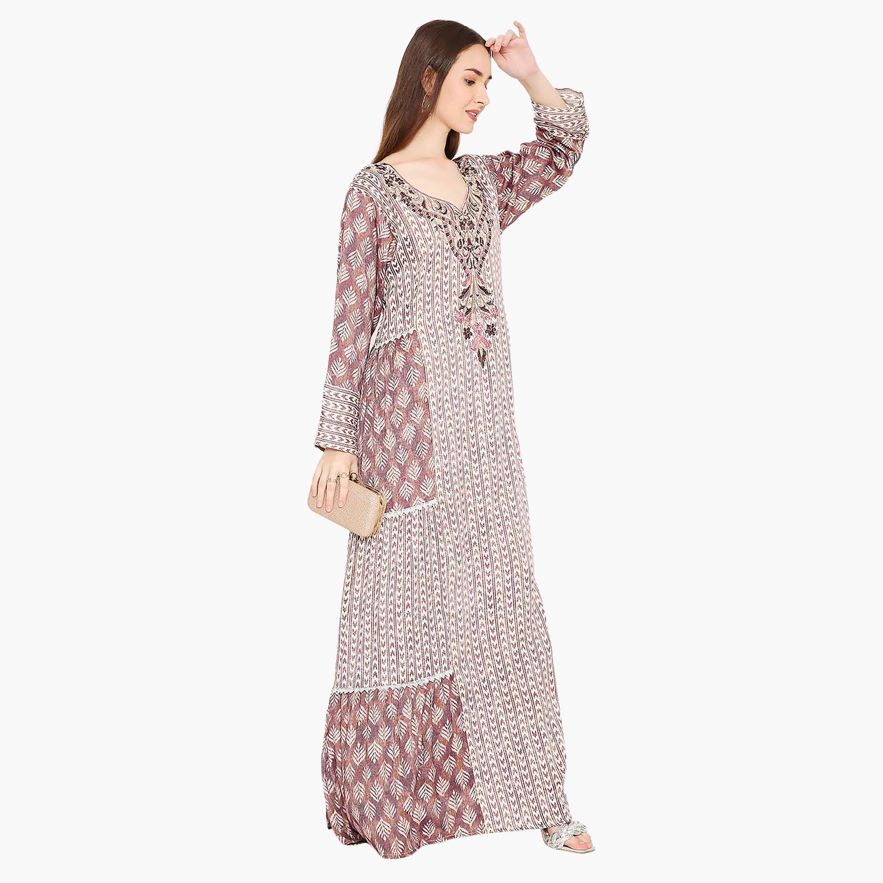Hana & Sara Leaf Print and Embellished Yoke Detail Neck Women's Jalabiya-women-arabicclothing-jalabiyas-image-15