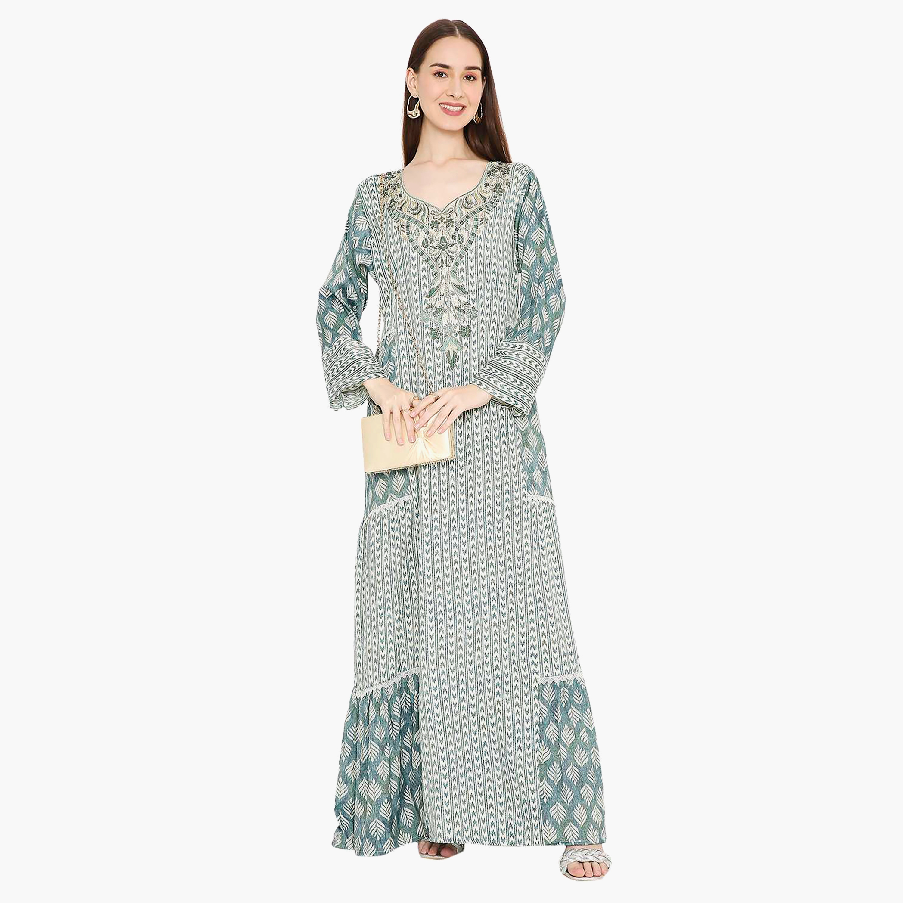 Hana & Sara Leaf Print and Embellished Yoke Detail Neck Women's Jalabiya-women-arabicclothing-jalabiyas-image-1