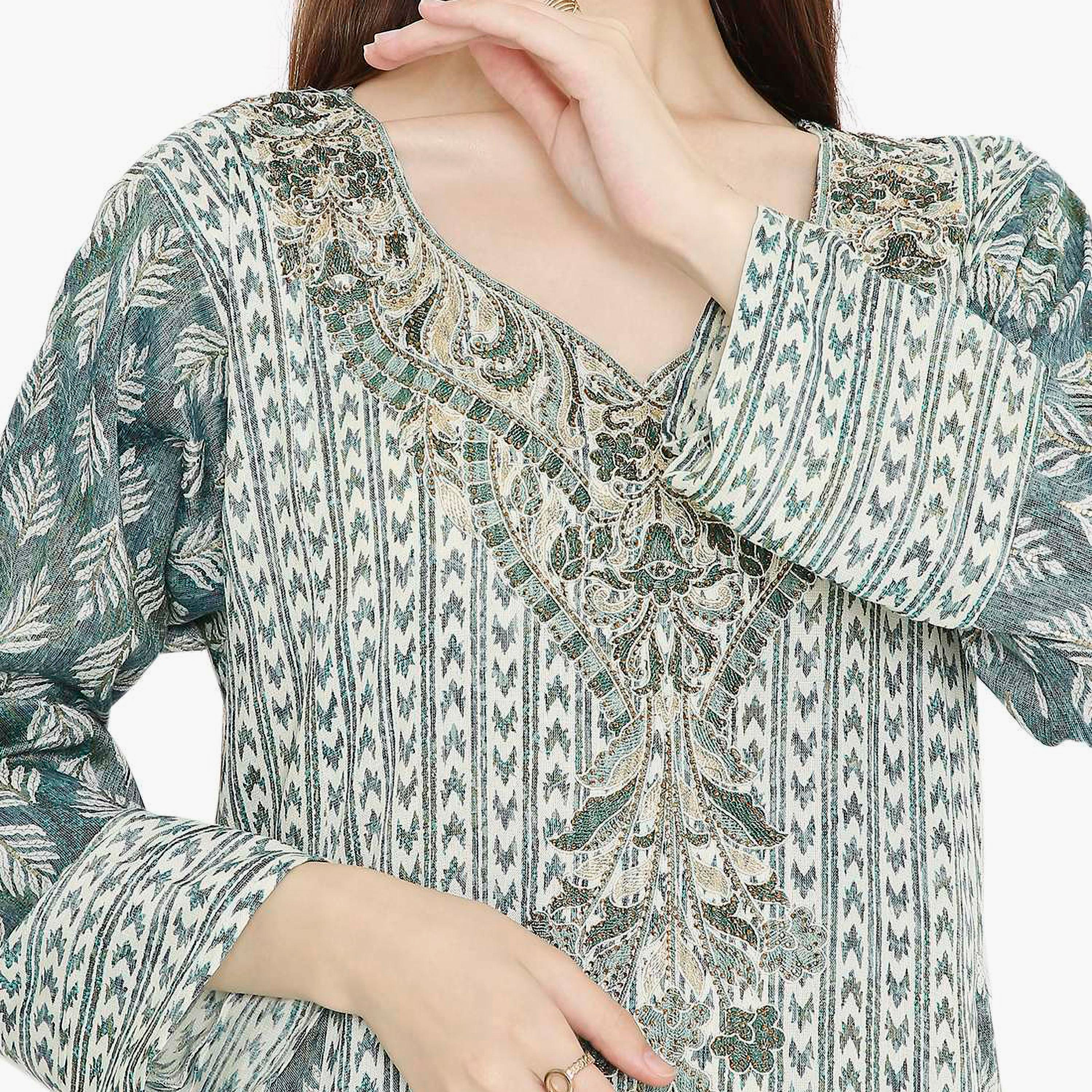 Hana & Sara Leaf Print and Embellished Yoke Detail Neck Women's Jalabiya-women-arabicclothing-jalabiyas-image-2