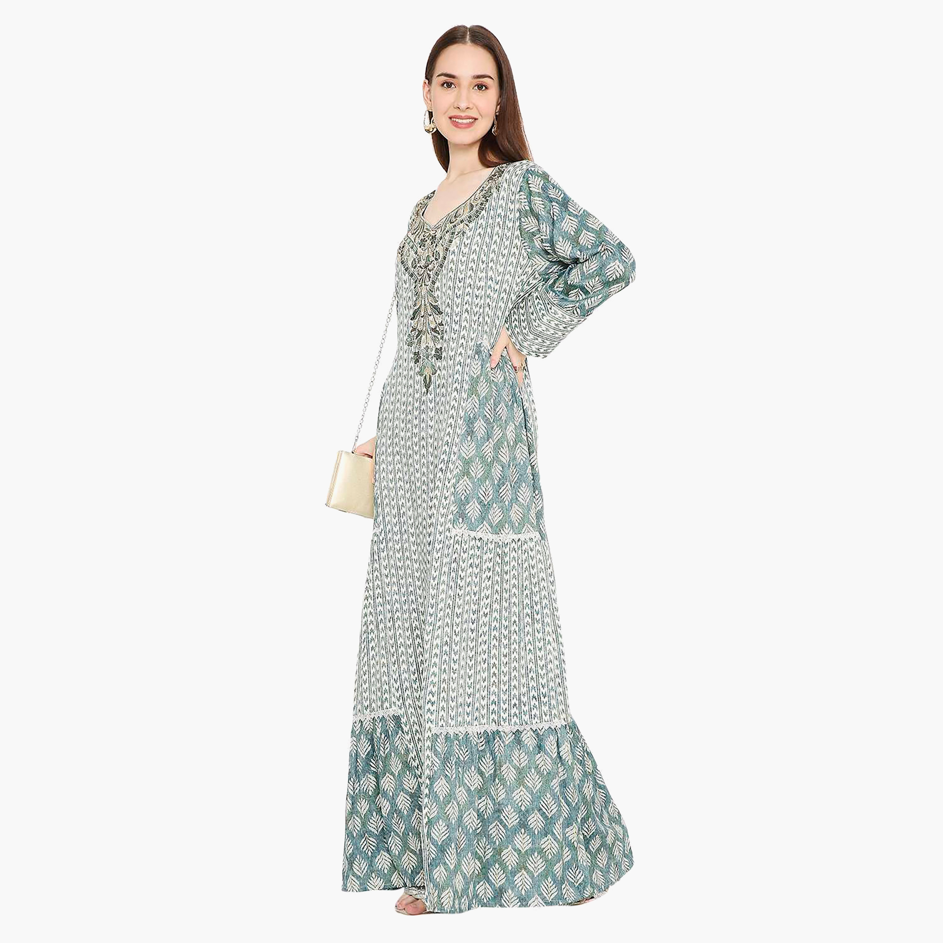 Hana & Sara Leaf Print and Embellished Yoke Detail Neck Women's Jalabiya-women-arabicclothing-jalabiyas-image-3