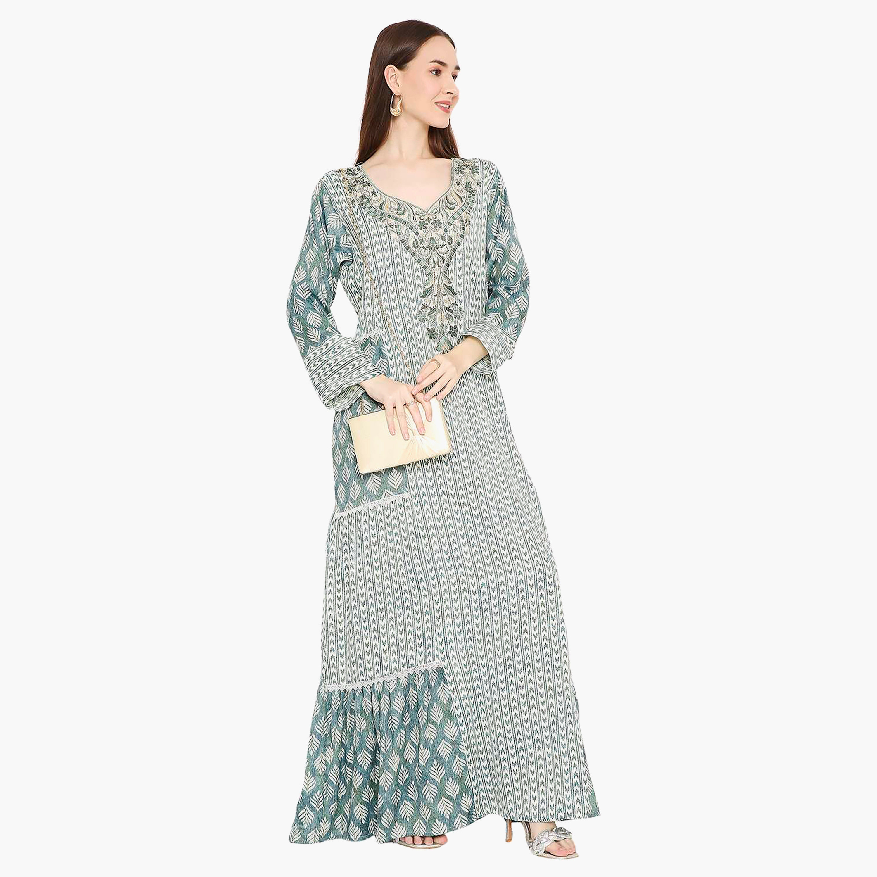 Hana & Sara Leaf Print and Embellished Yoke Detail Neck Women's Jalabiya-women-arabicclothing-jalabiyas-image-5