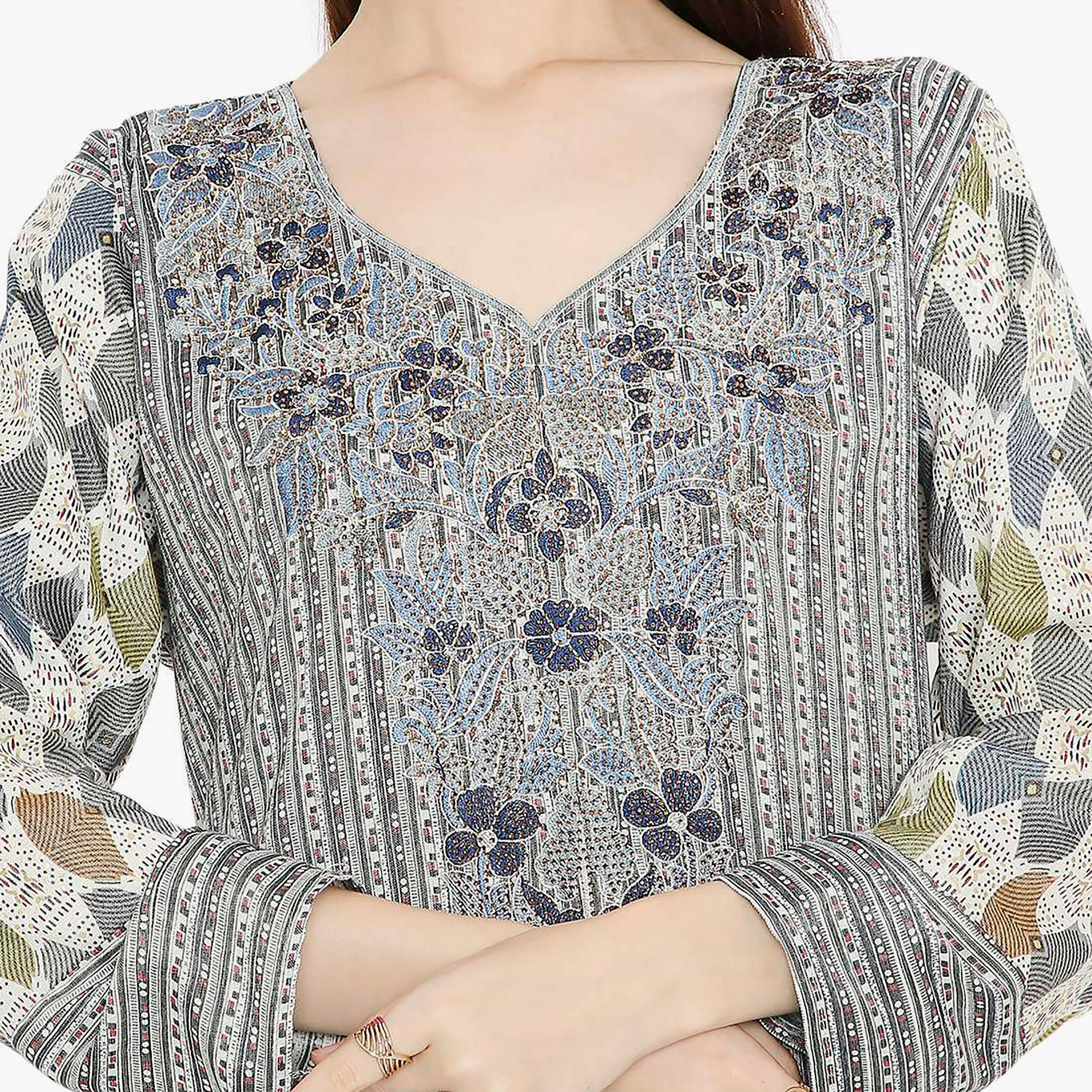 جلابية نسائية بتصميم نير مطبوع ومطرز من هانا اند سارة-women-arabicclothing-jalabiyas-image-2