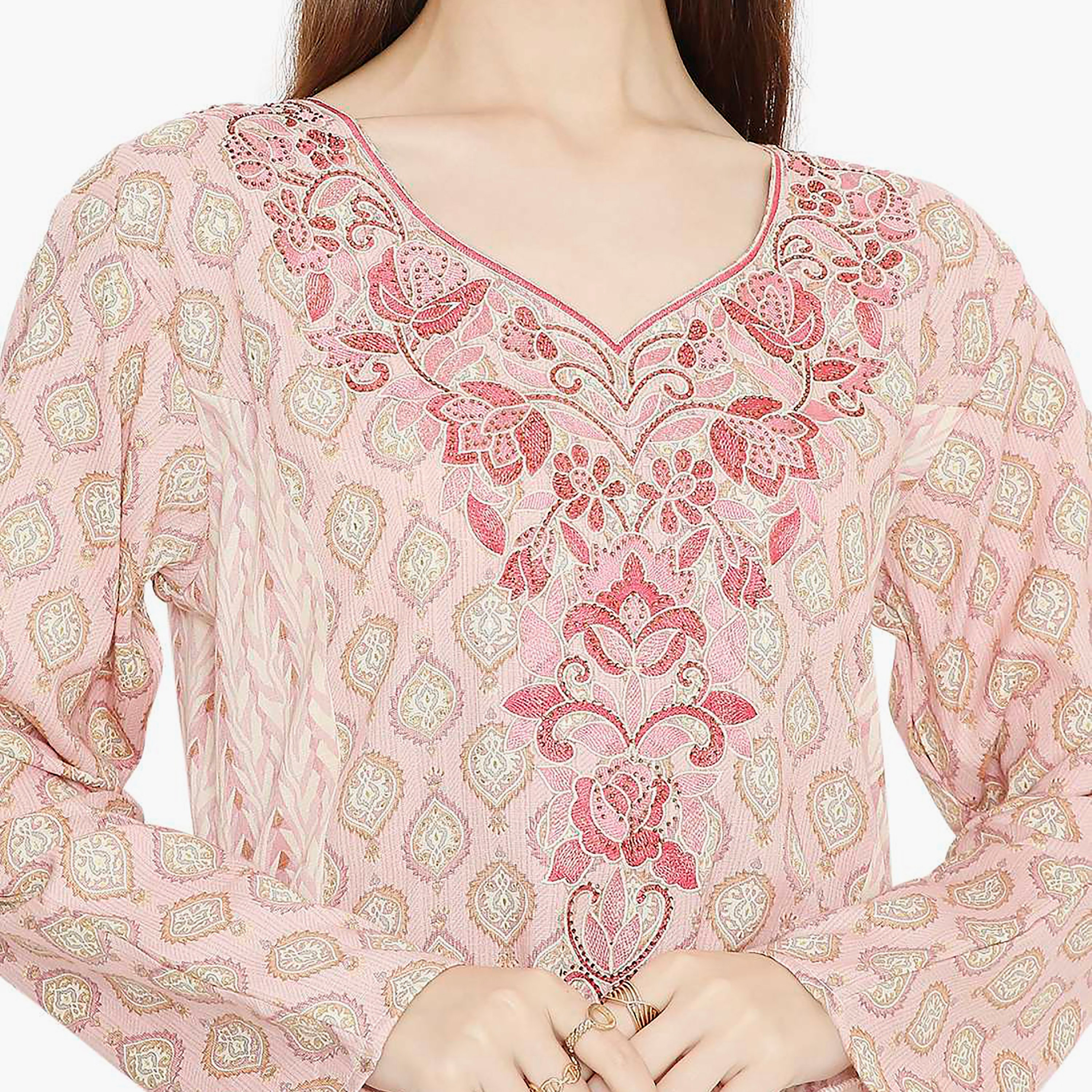 جلابية نسائية بتصميم نير مطبوع ومطرز من هانا اند سارة-women-arabicclothing-jalabiyas-image-2