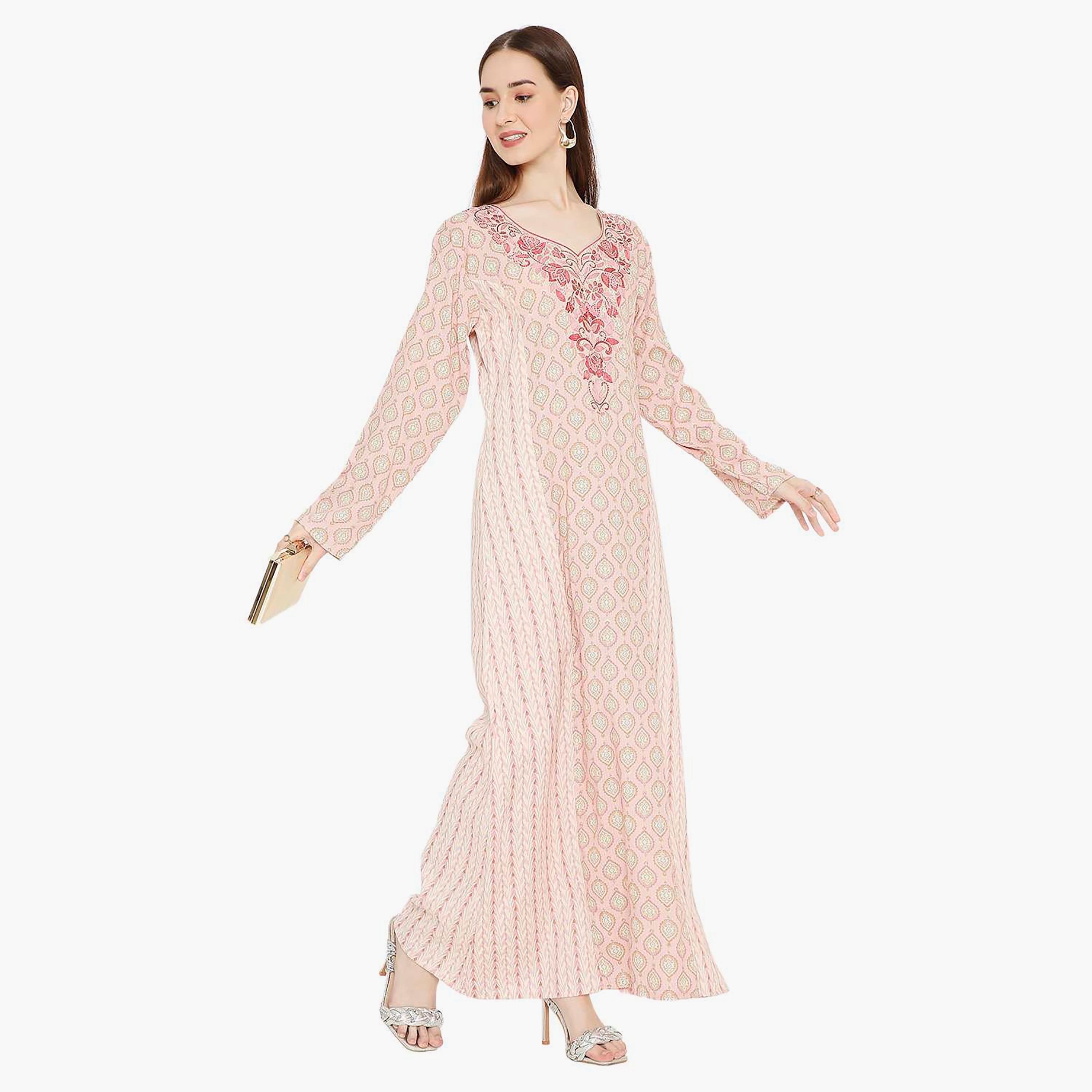 جلابية نسائية بتصميم نير مطبوع ومطرز من هانا اند سارة-women-arabicclothing-jalabiyas-image-4