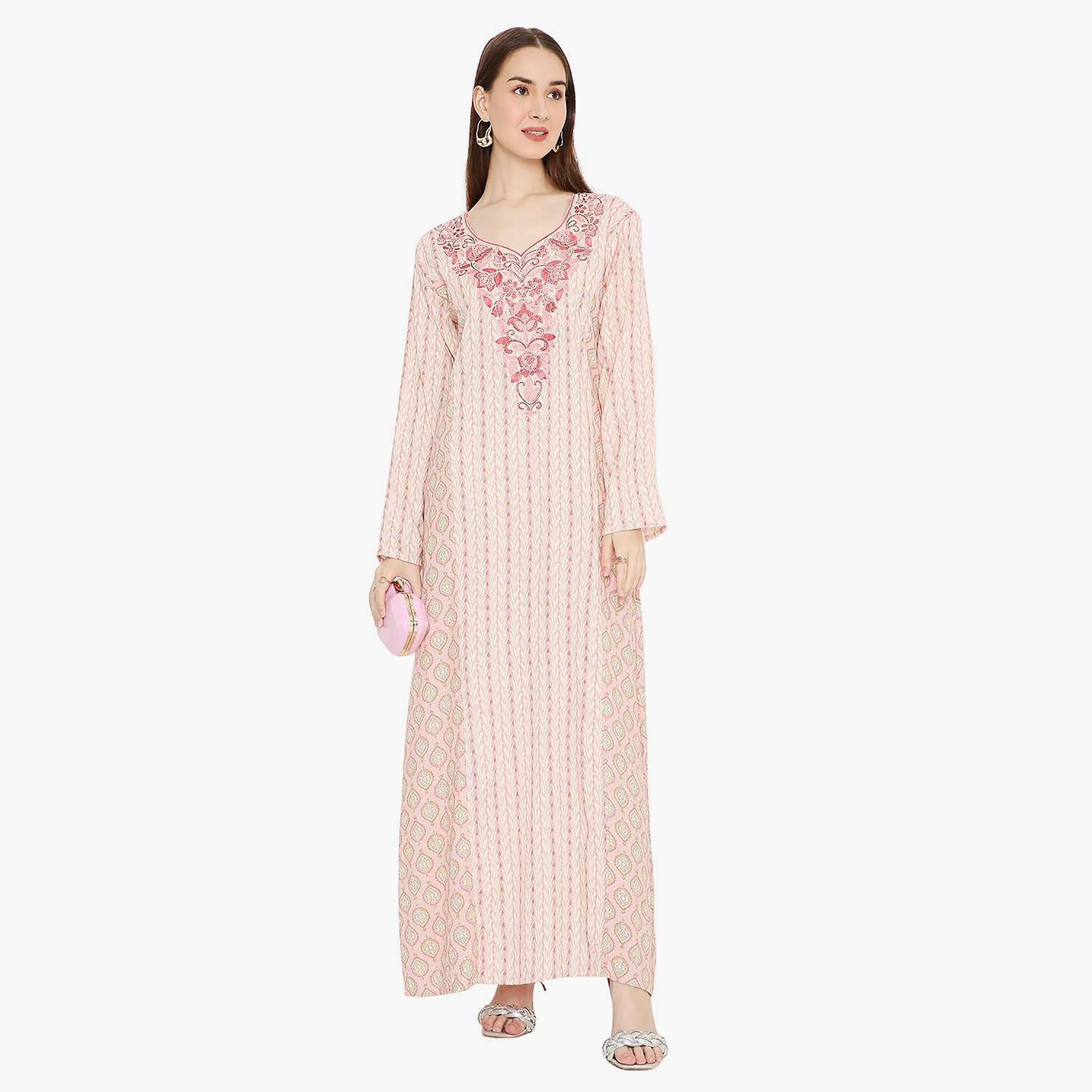Hana & Sara Printed and Embellished & Embroidered Work Yoke Design Neck Women's Jalabiya-women-arabicclothing-jalabiyas-image-1