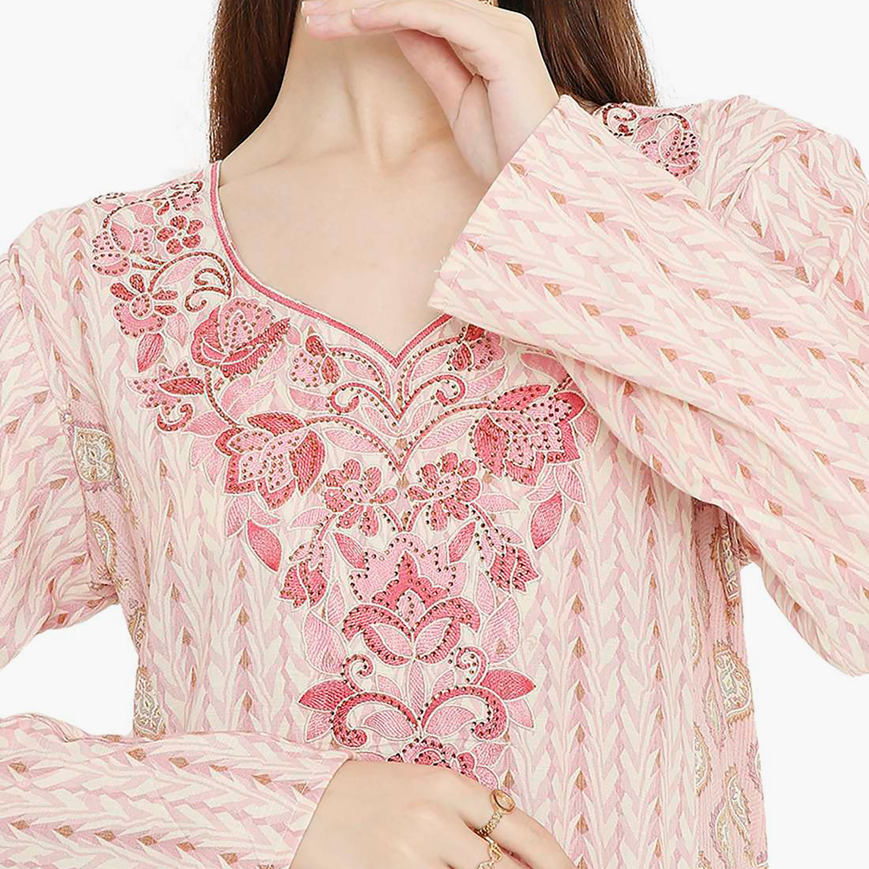 Hana & Sara Printed and Embellished & Embroidered Work Yoke Design Neck Women's Jalabiya-women-arabicclothing-jalabiyas-image-2