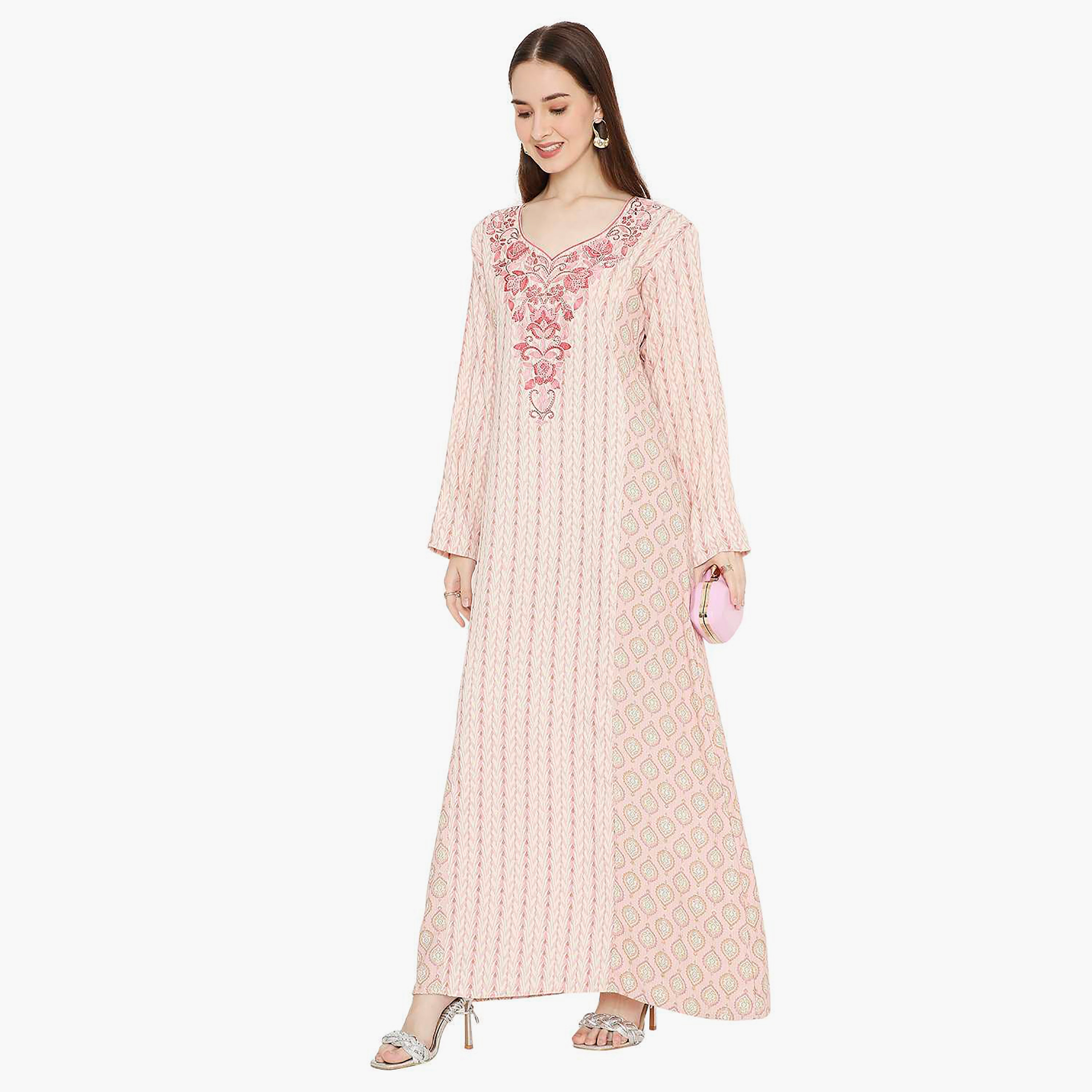 Hana & Sara Printed and Embellished & Embroidered Work Yoke Design Neck Women's Jalabiya-women-arabicclothing-jalabiyas-image-3