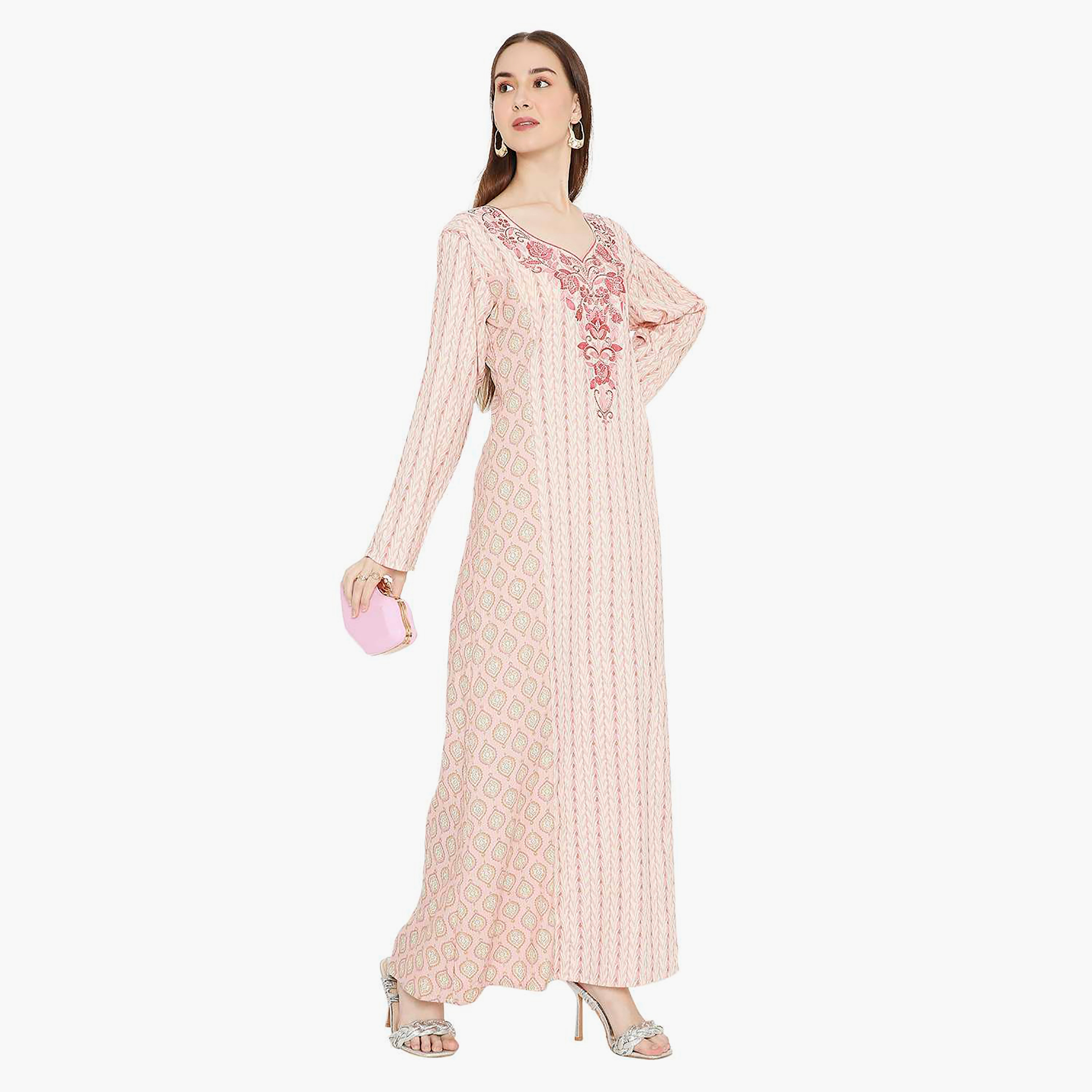 Hana & Sara Printed and Embellished & Embroidered Work Yoke Design Neck Women's Jalabiya-women-arabicclothing-jalabiyas-image-4
