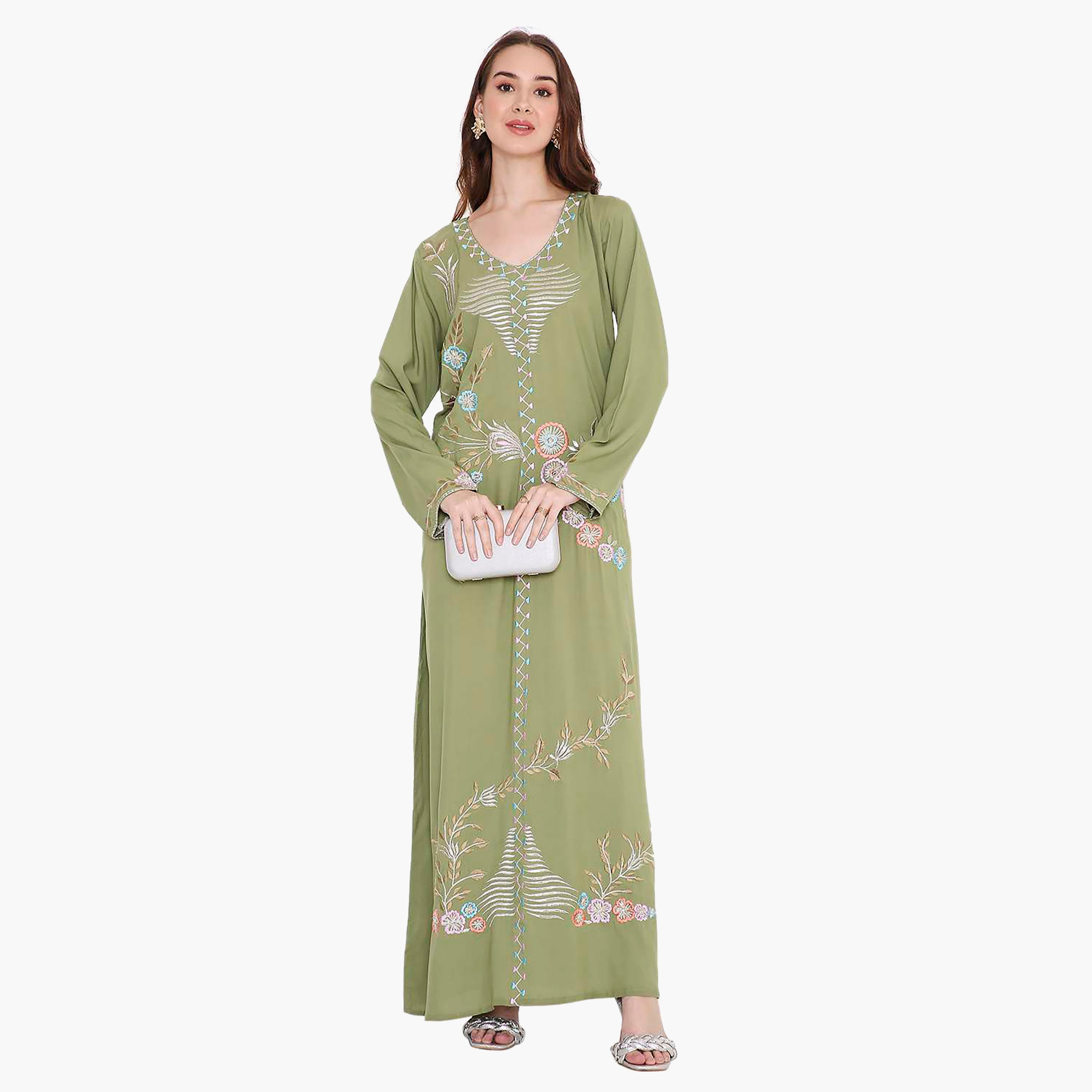 Hana & Sara Green Floral Embroidered Designed Cuff Sleeves Women's Jalabiya-women-arabicclothing-jalabiyas-image-1