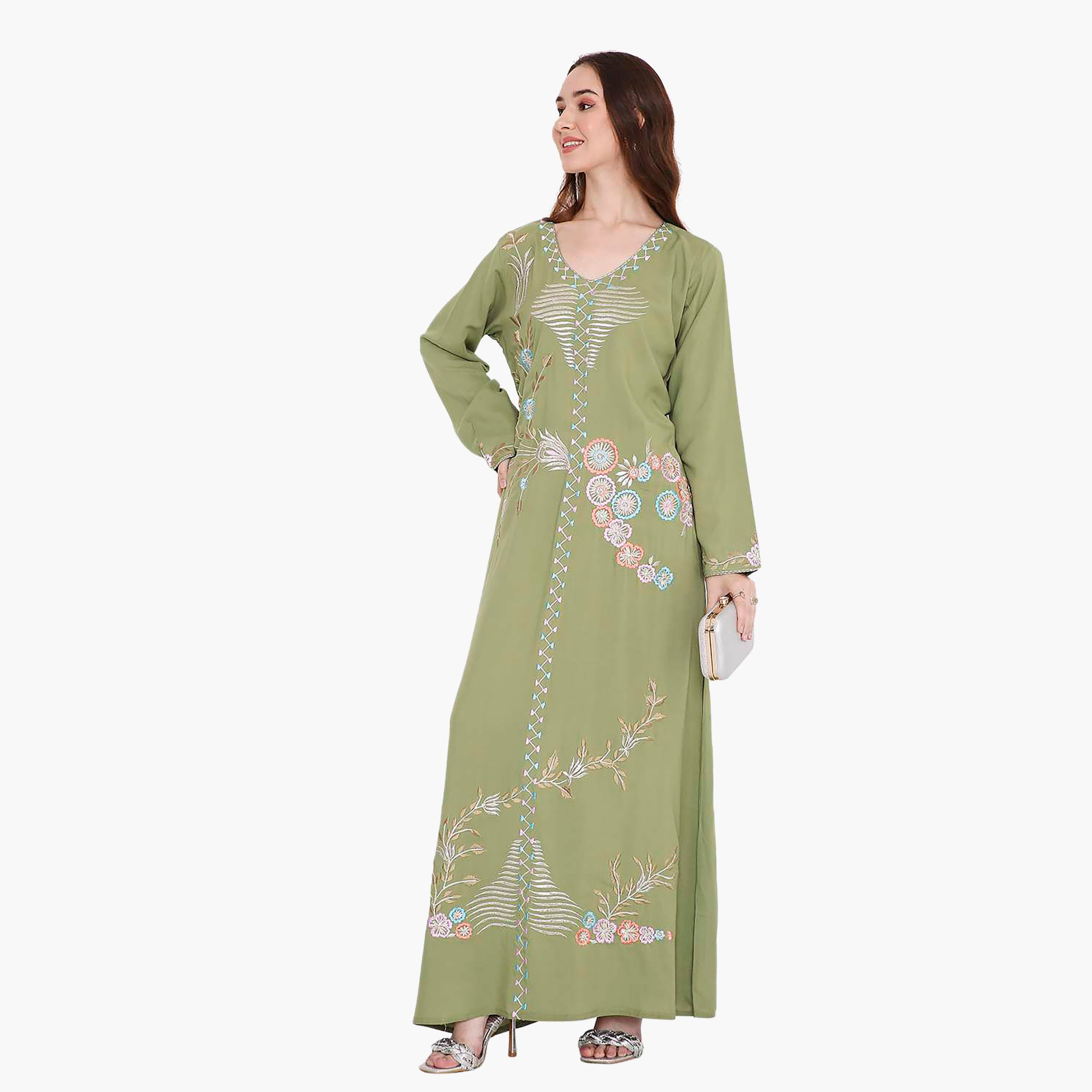 جلابية نسائية بأكمام طويلة ومطرزة بالورود باللون الأخضر من هانا اند سارة-women-arabicclothing-jalabiyas-image-3