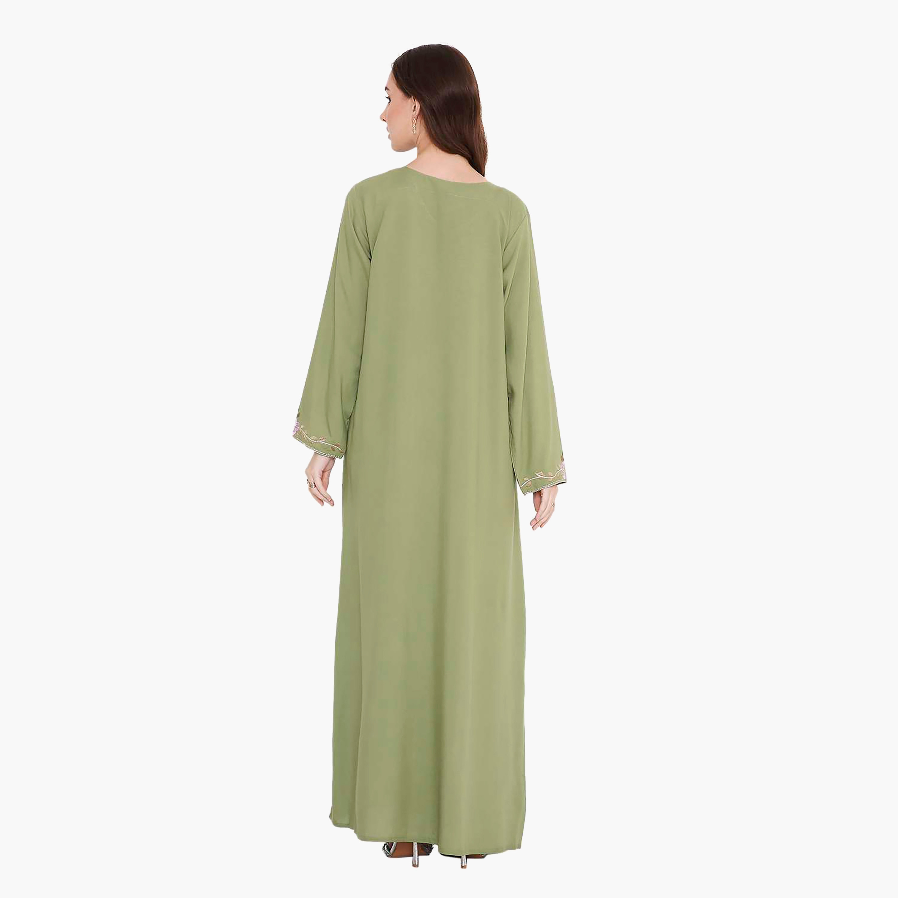 جلابية نسائية بأكمام طويلة ومطرزة بالورود باللون الأخضر من هانا اند سارة-women-arabicclothing-jalabiyas-image-4