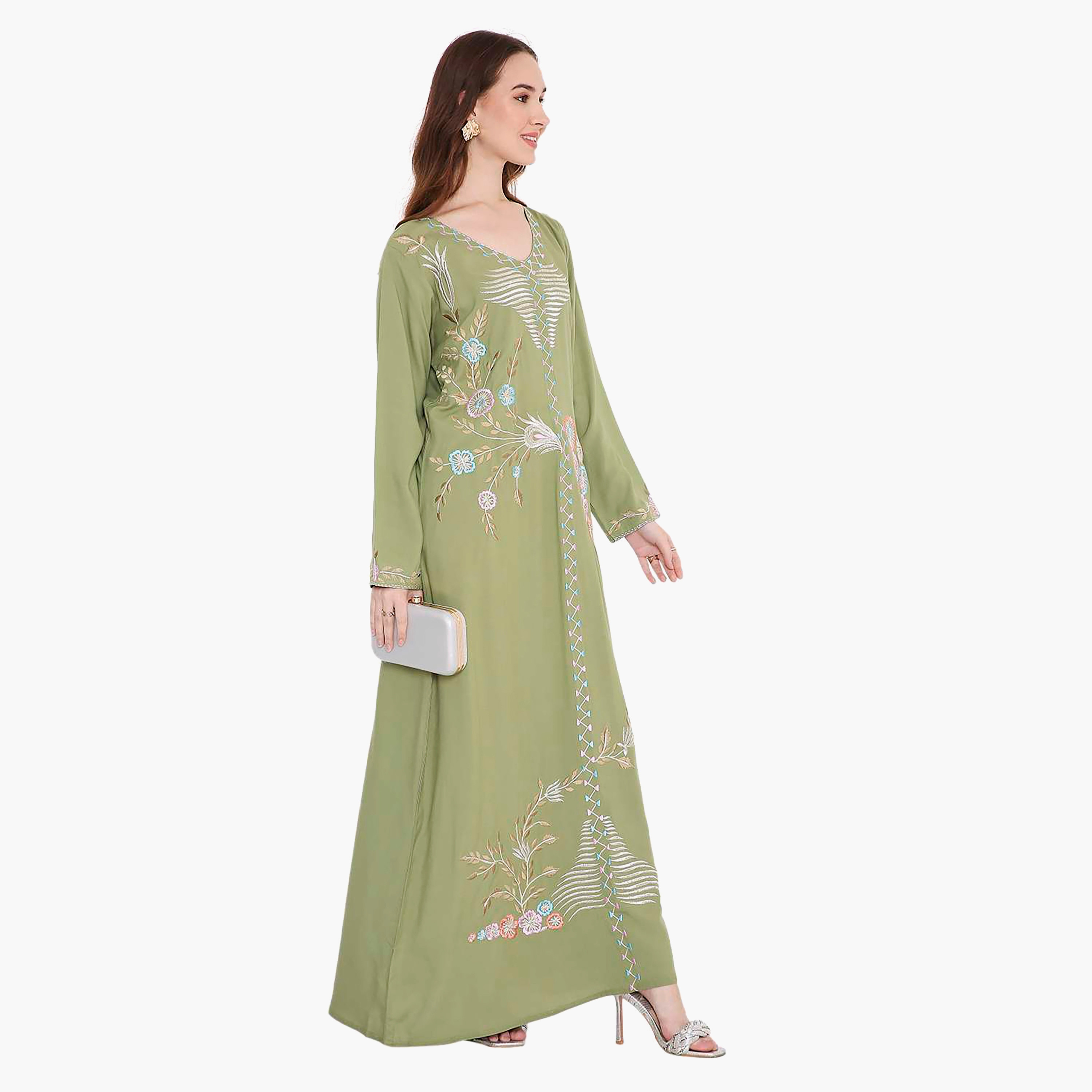 جلابية نسائية بأكمام طويلة ومطرزة بالورود باللون الأخضر من هانا اند سارة-women-arabicclothing-jalabiyas-image-5