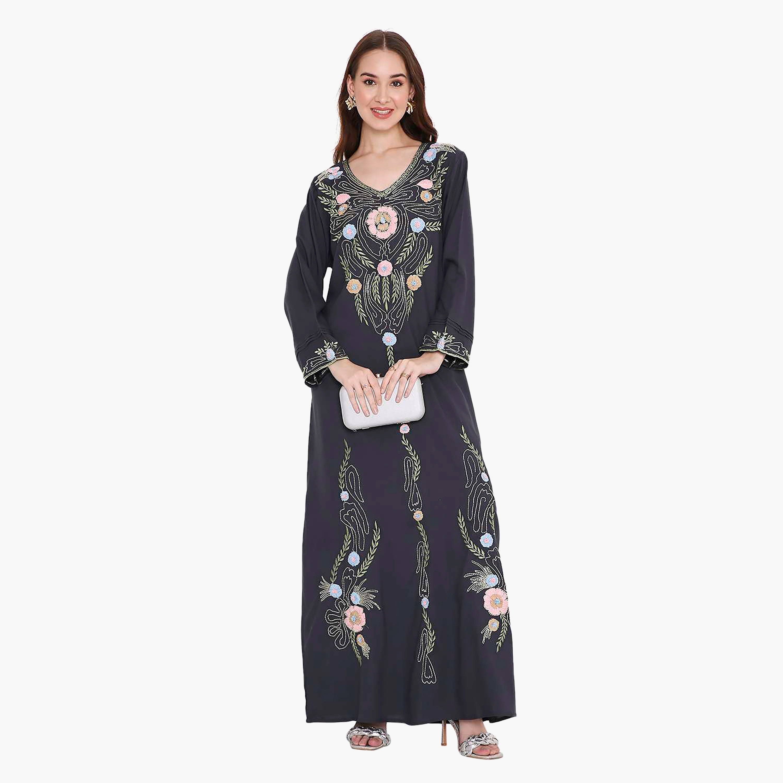 Hana & Sara Black Floral Embroidered Designed Cuff Sleeves Women's Jalabiya-women-arabicclothing-jalabiyas-image-1