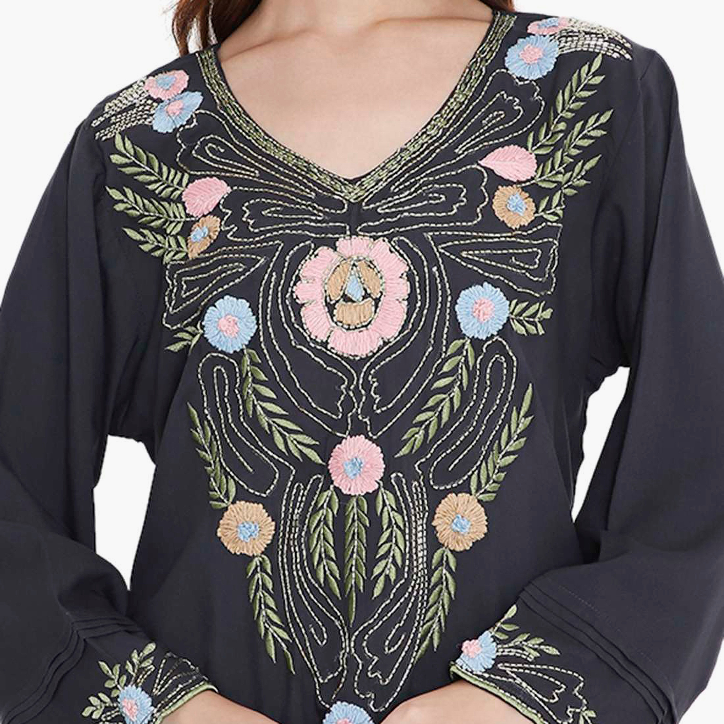 Hana & Sara Black Floral Embroidered Designed Cuff Sleeves Women's Jalabiya-women-arabicclothing-jalabiyas-image-2