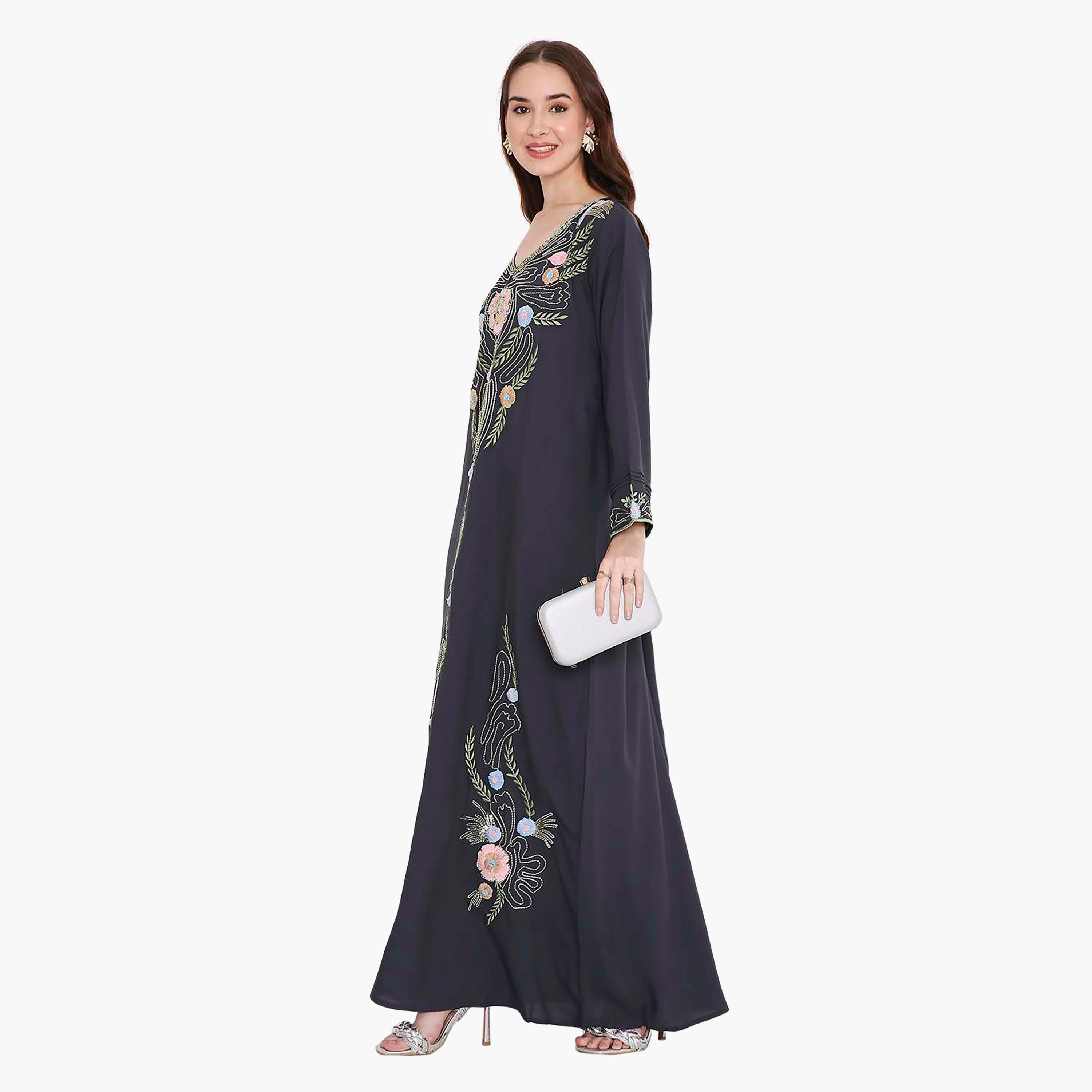 Hana & Sara Black Floral Embroidered Designed Cuff Sleeves Women's Jalabiya-women-arabicclothing-jalabiyas-image-3