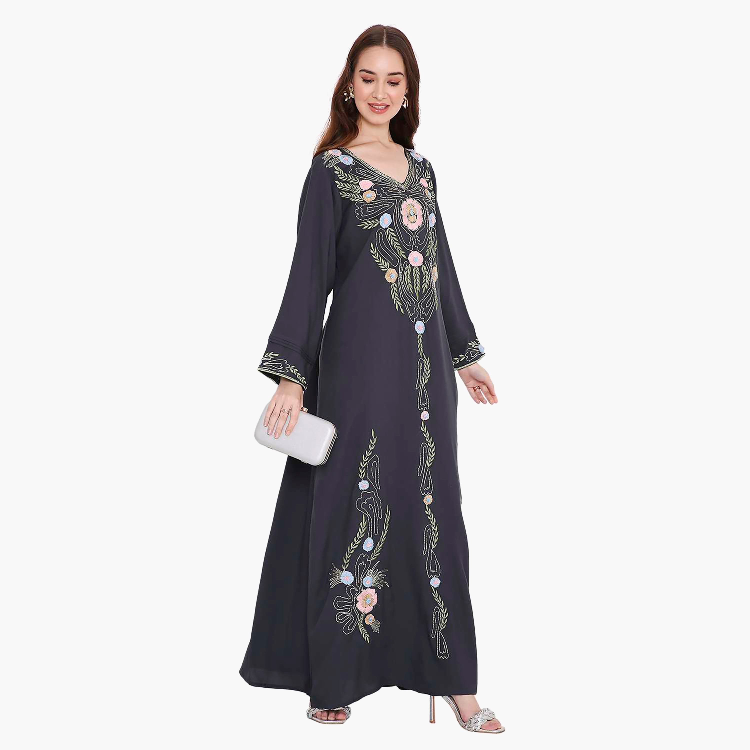 Hana & Sara Black Floral Embroidered Designed Cuff Sleeves Women's Jalabiya-women-arabicclothing-jalabiyas-image-5