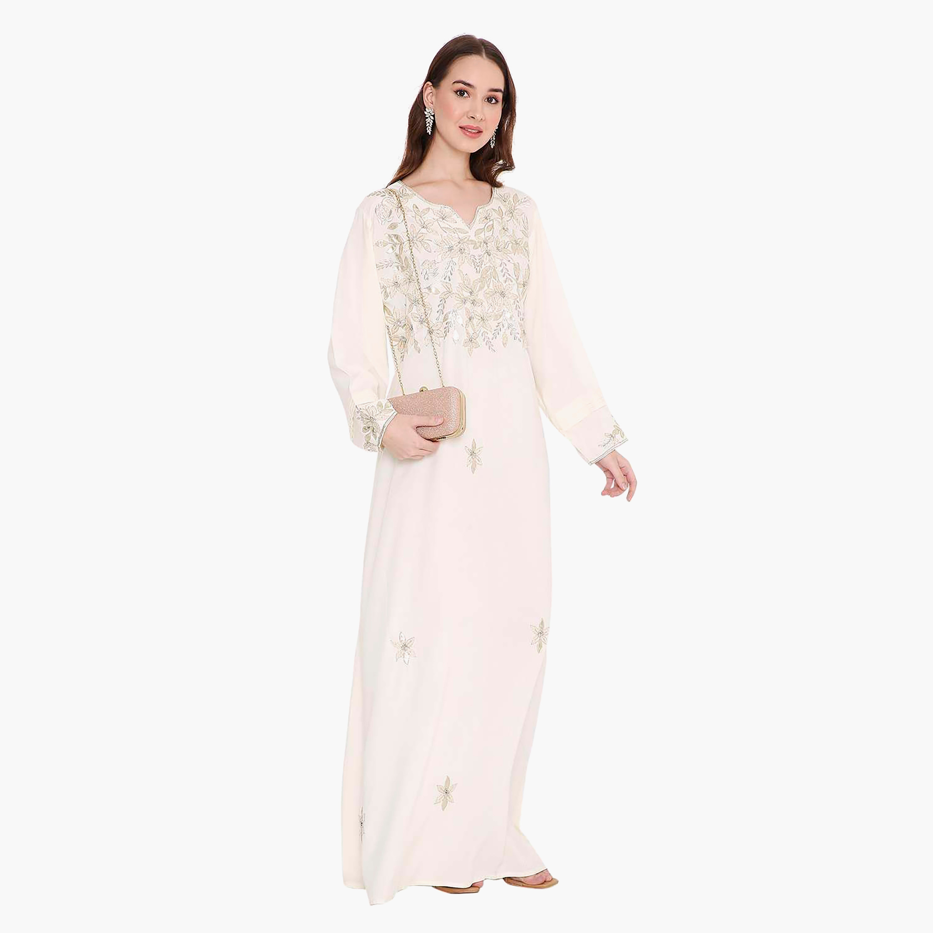 Hana & Sara Ivory Floral Embroidered Yoke Detail Neck Designed Cuff Sleeves Women's Jalabiya-women-arabicclothing-jalabiyas-image-1