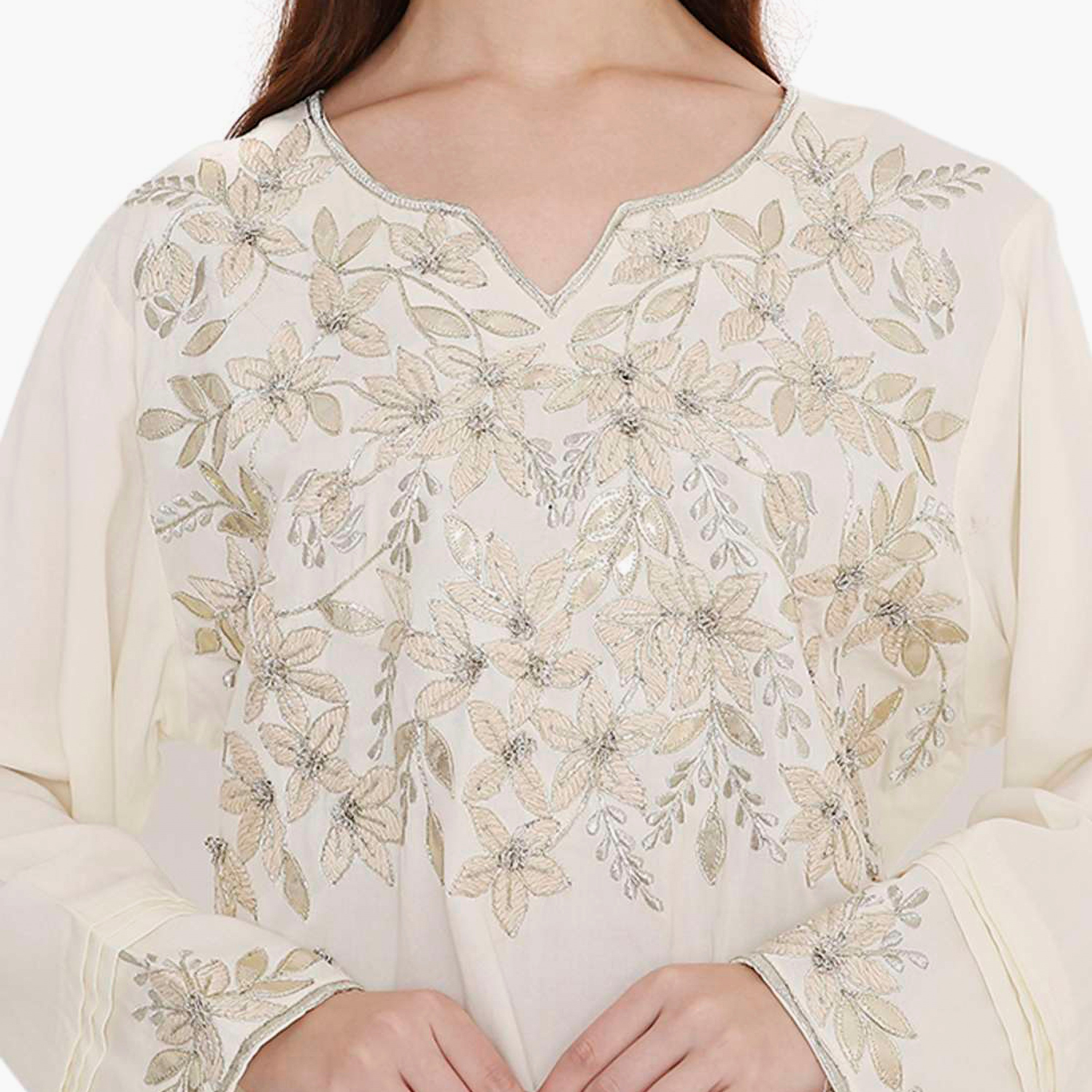 Hana & Sara Ivory Floral Embroidered Yoke Detail Neck Designed Cuff Sleeves Women's Jalabiya-women-arabicclothing-jalabiyas-image-2