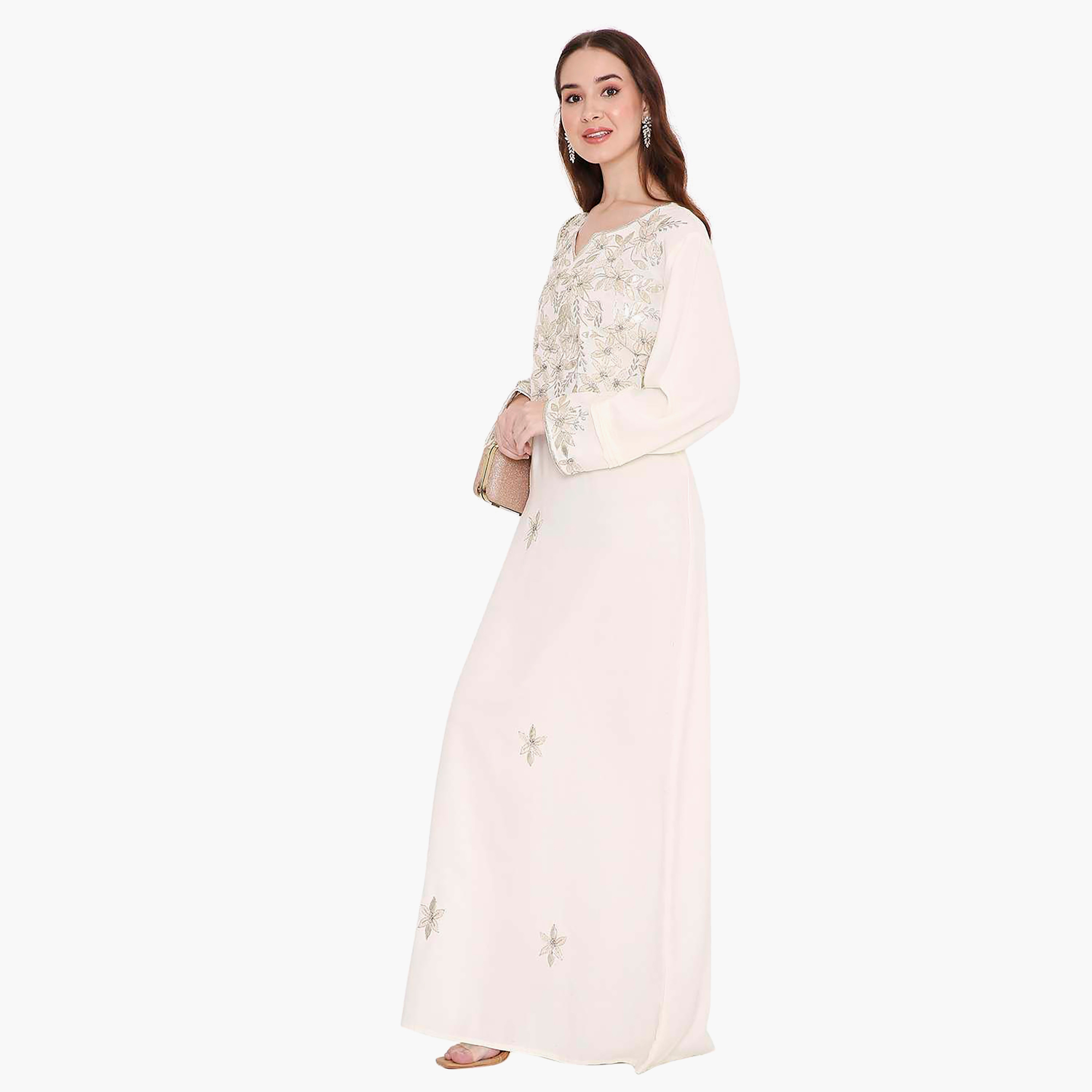 Hana & Sara Ivory Floral Embroidered Yoke Detail Neck Designed Cuff Sleeves Women's Jalabiya-women-arabicclothing-jalabiyas-image-3