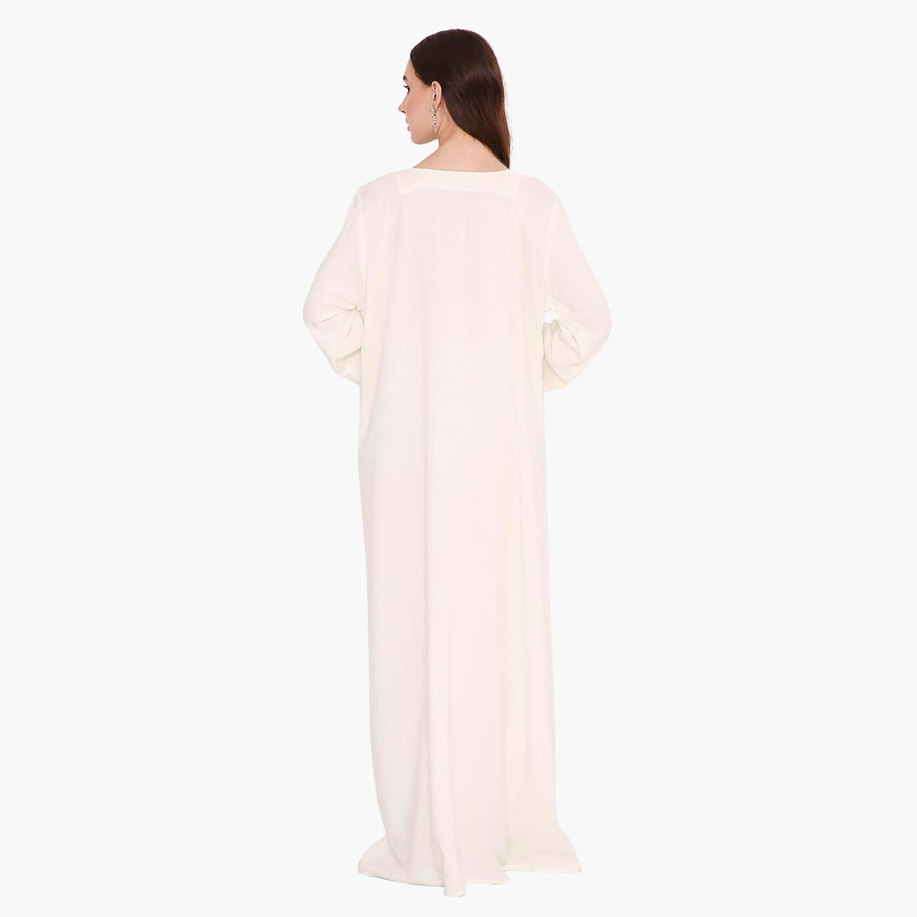 جلابية نسائية بتصميم رقبة وأكمام طويلة ومطرزة بالزهور باللون العاجي من هانا اند سارة-women-arabicclothing-jalabiyas-image-4