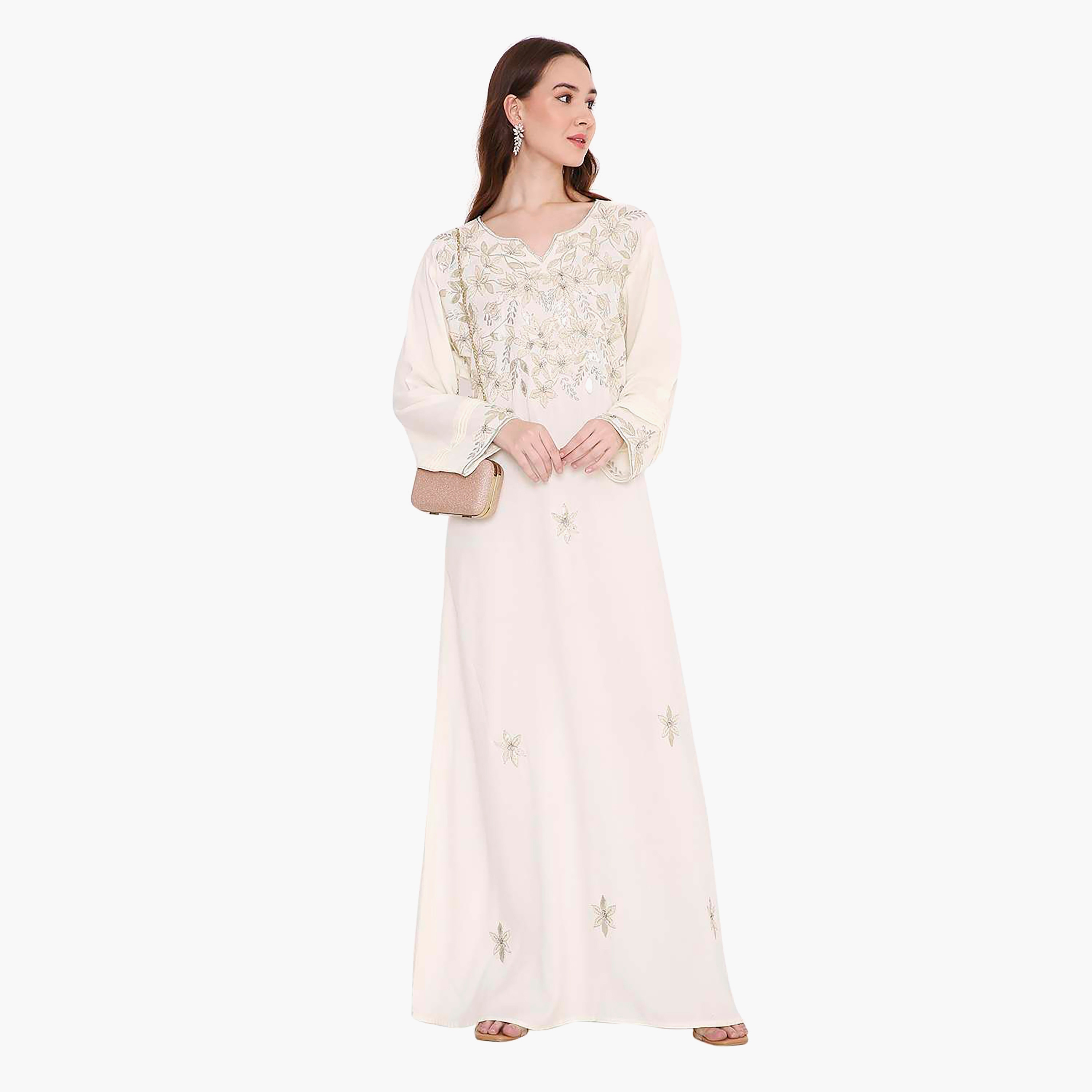 Hana & Sara Ivory Floral Embroidered Yoke Detail Neck Designed Cuff Sleeves Women's Jalabiya-women-arabicclothing-jalabiyas-image-5
