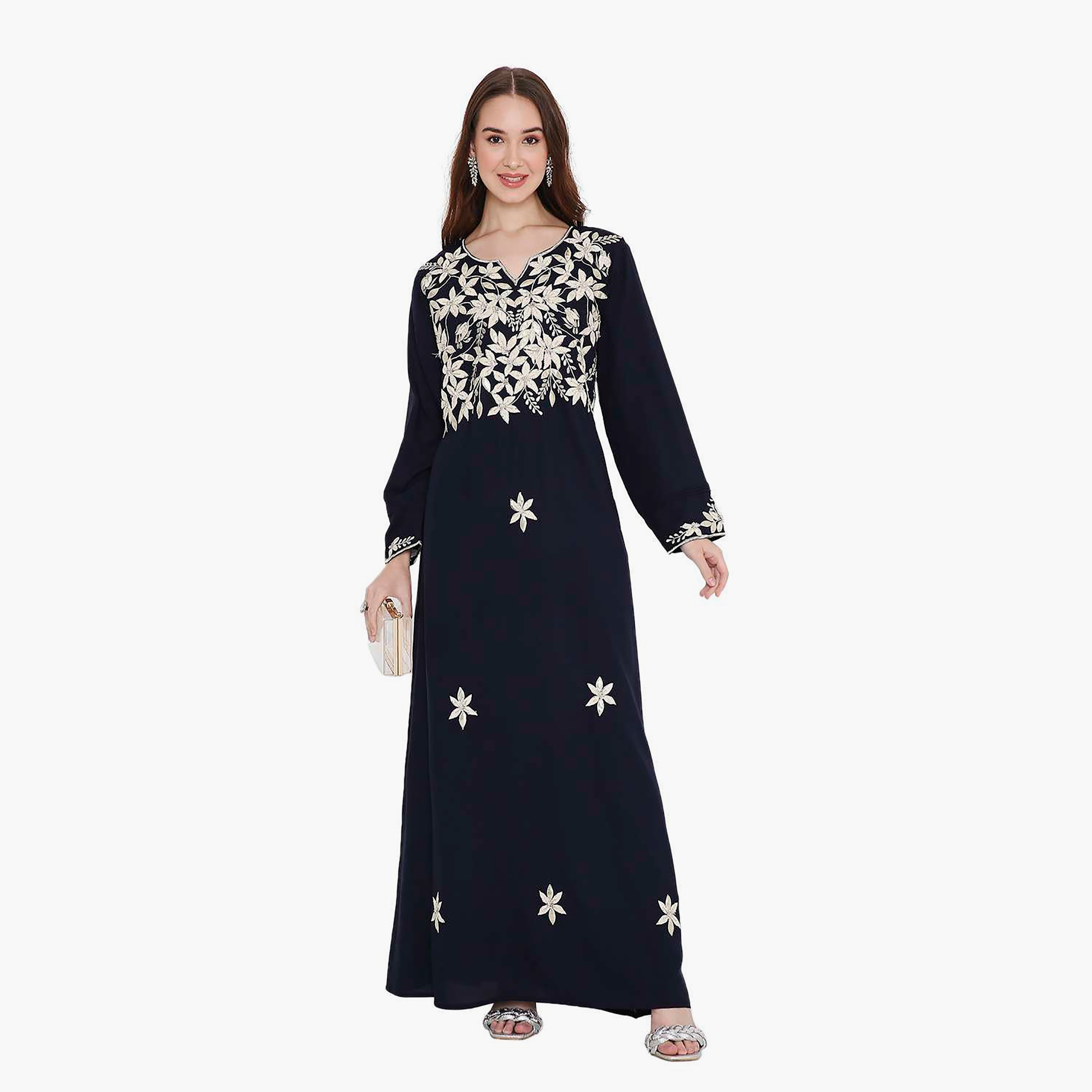 جلابية نسائية مطرزة بالزهور باللون الأزرق الداكن من هانا اند سارة-women-arabicclothing-jalabiyas-image-1