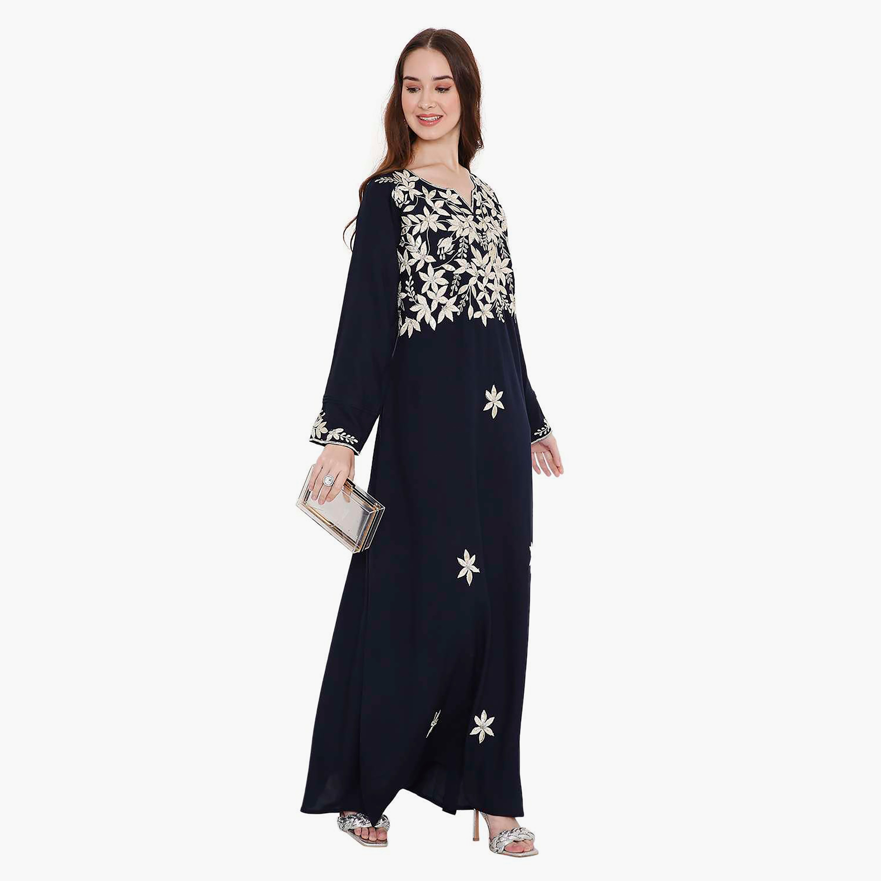 جلابية نسائية مطرزة بالزهور باللون الأزرق الداكن من هانا اند سارة-women-arabicclothing-jalabiyas-image-4