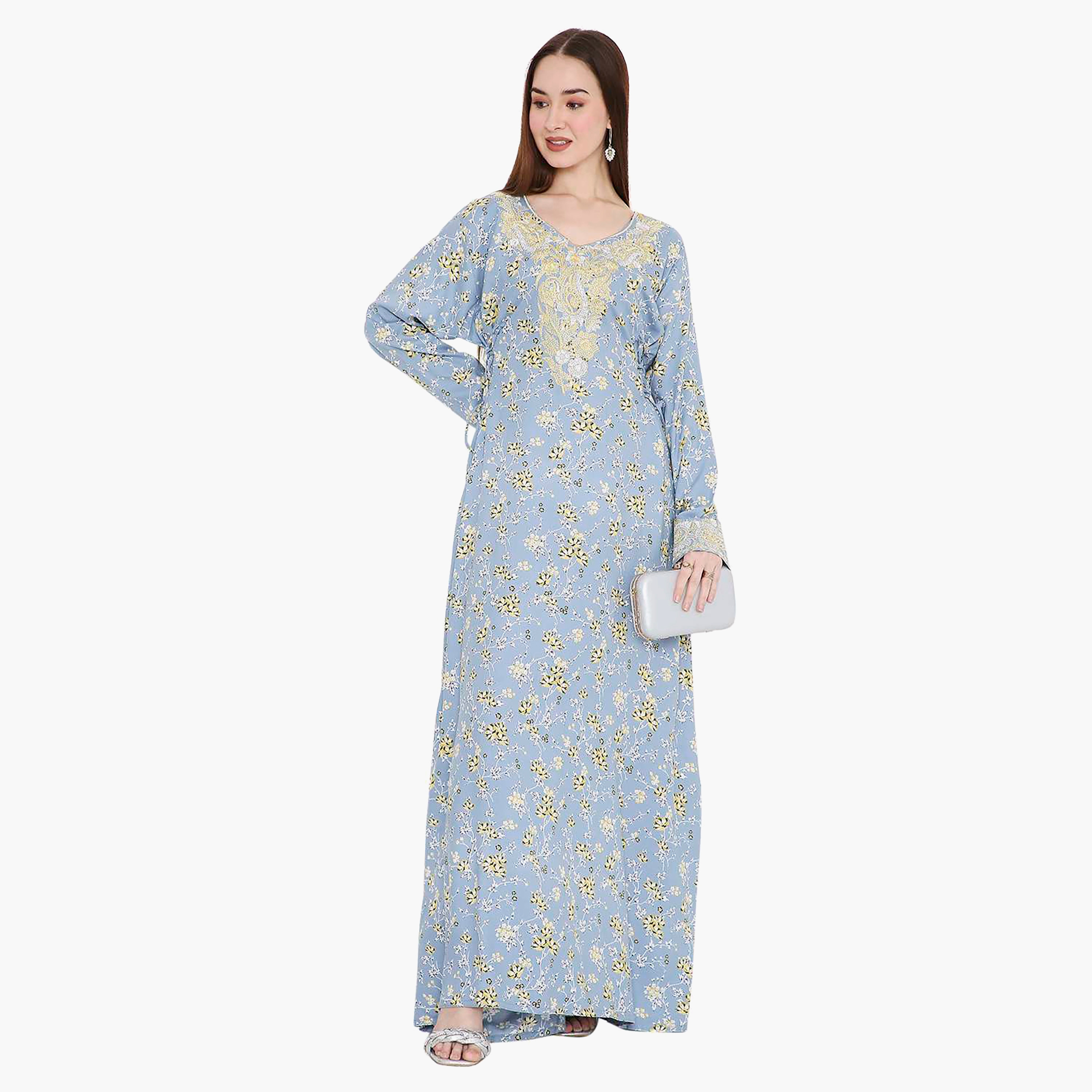 Hana & Sara Floral Print and Embroidered Yoke Detail Neck Designed Cuff Sleeves Women's Jalabiya-women-arabicclothing-jalabiyas-image-1