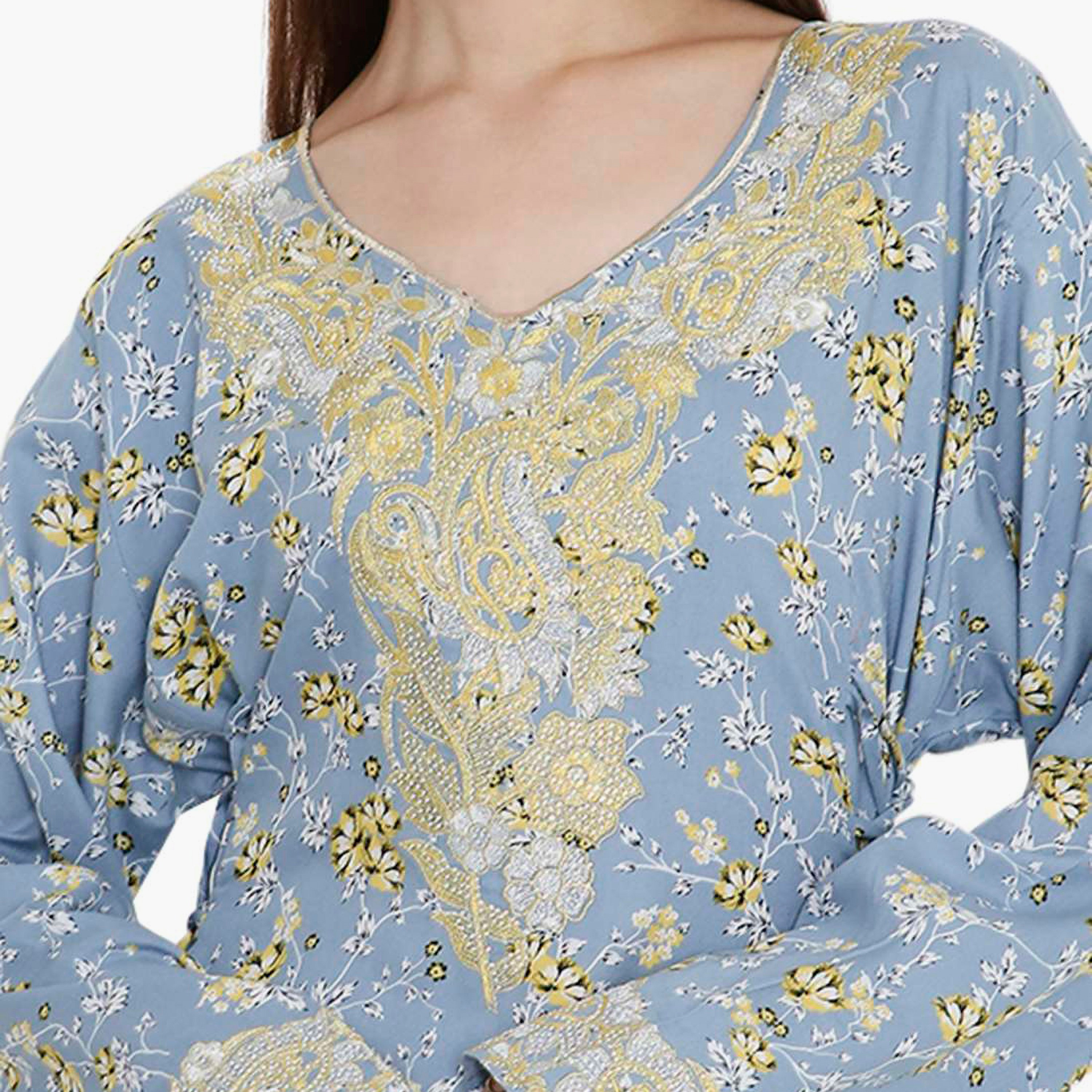 Hana & Sara Floral Print and Embroidered Yoke Detail Neck Designed Cuff Sleeves Women's Jalabiya-women-arabicclothing-jalabiyas-image-2