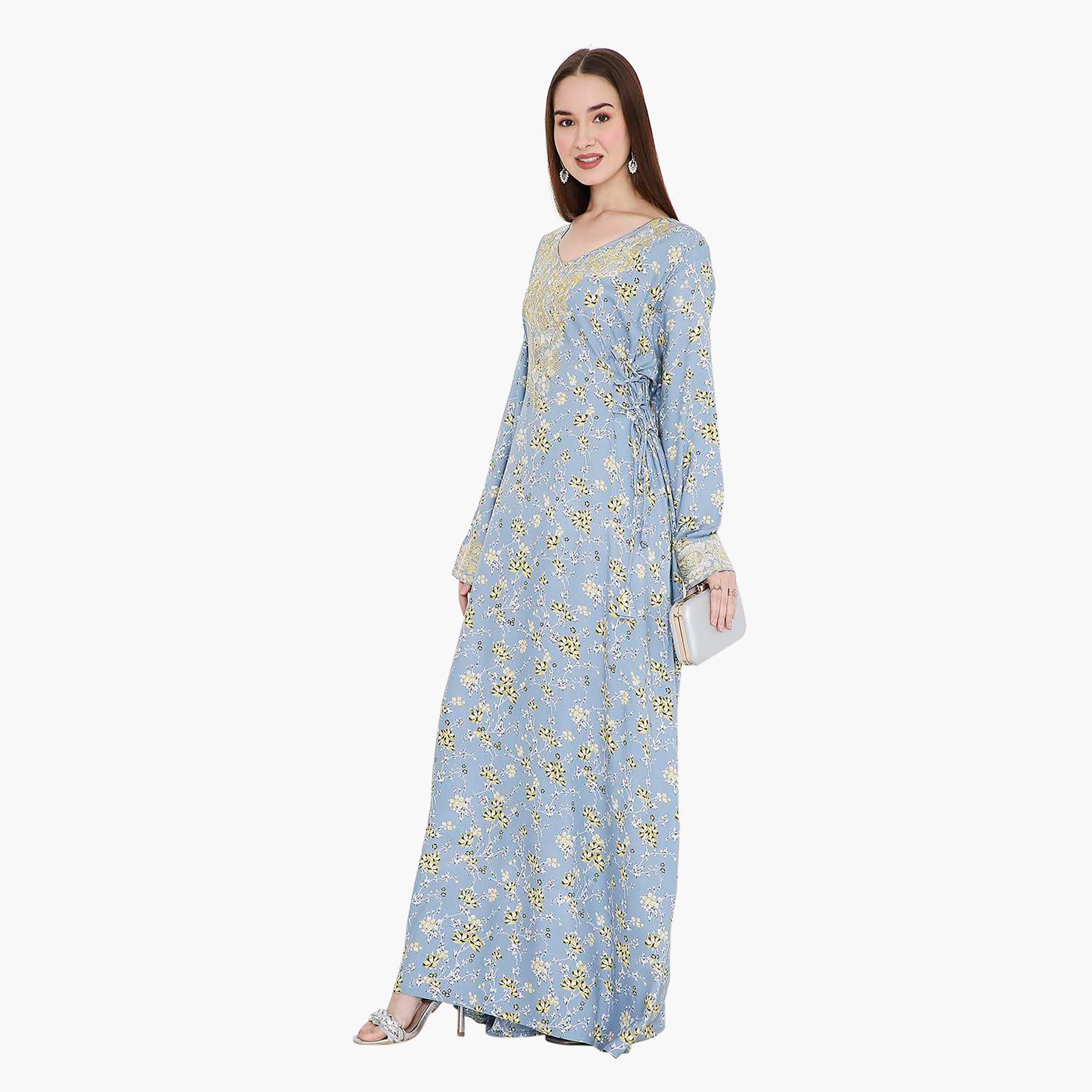 Hana & Sara Floral Print and Embroidered Yoke Detail Neck Designed Cuff Sleeves Women's Jalabiya-women-arabicclothing-jalabiyas-image-3
